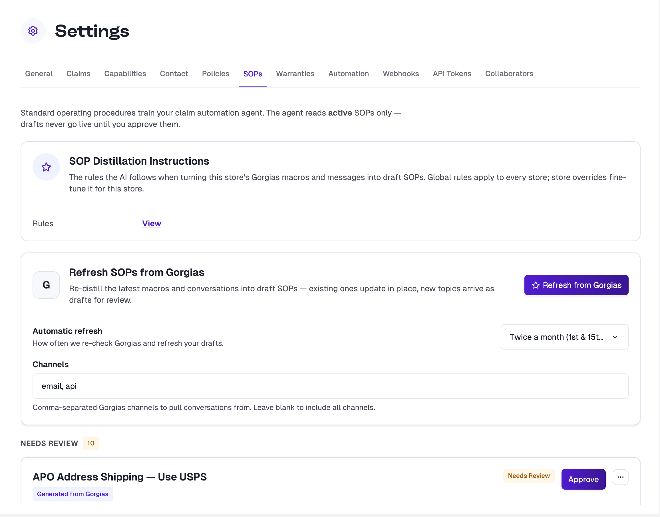 SOPs tab showing distillation instructions, refresh settings, and SOPs needing review