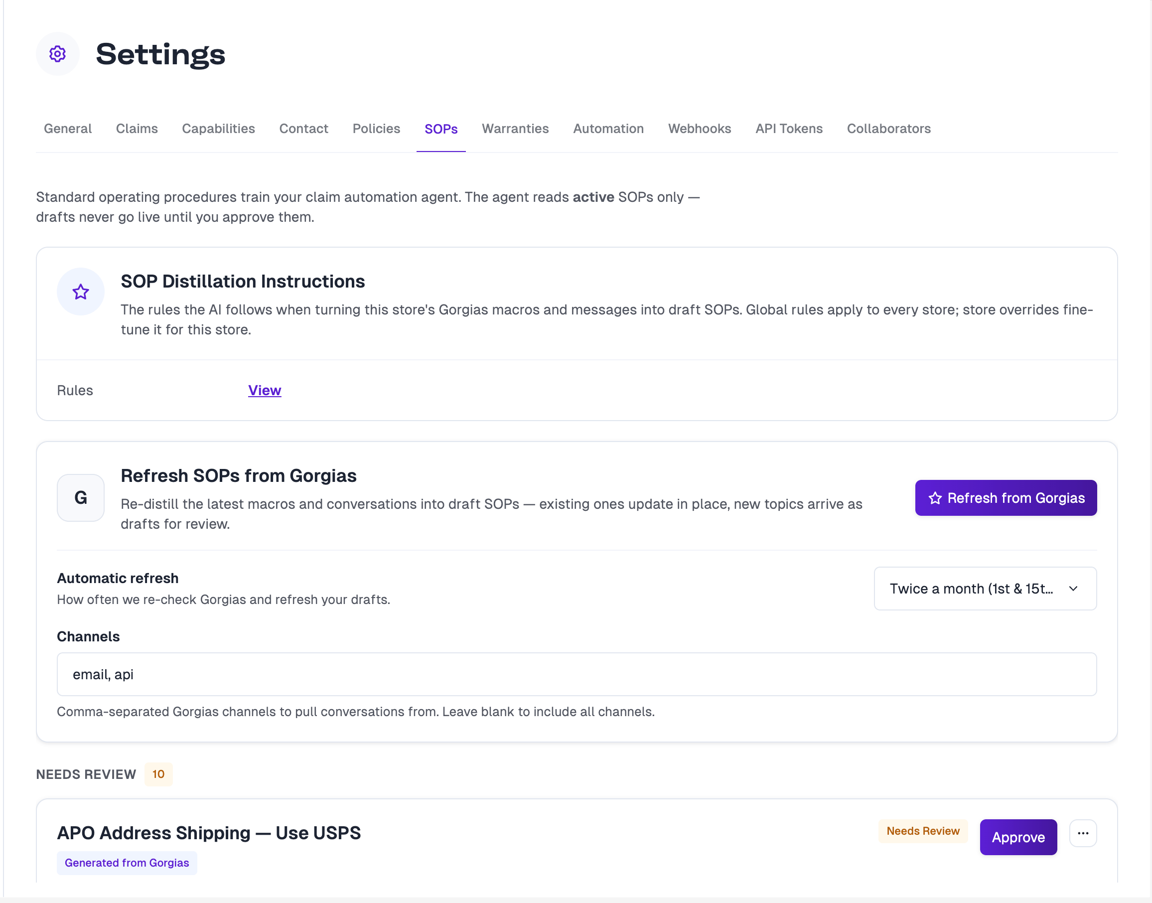SOPs tab showing distillation instructions, refresh settings, and SOPs needing review