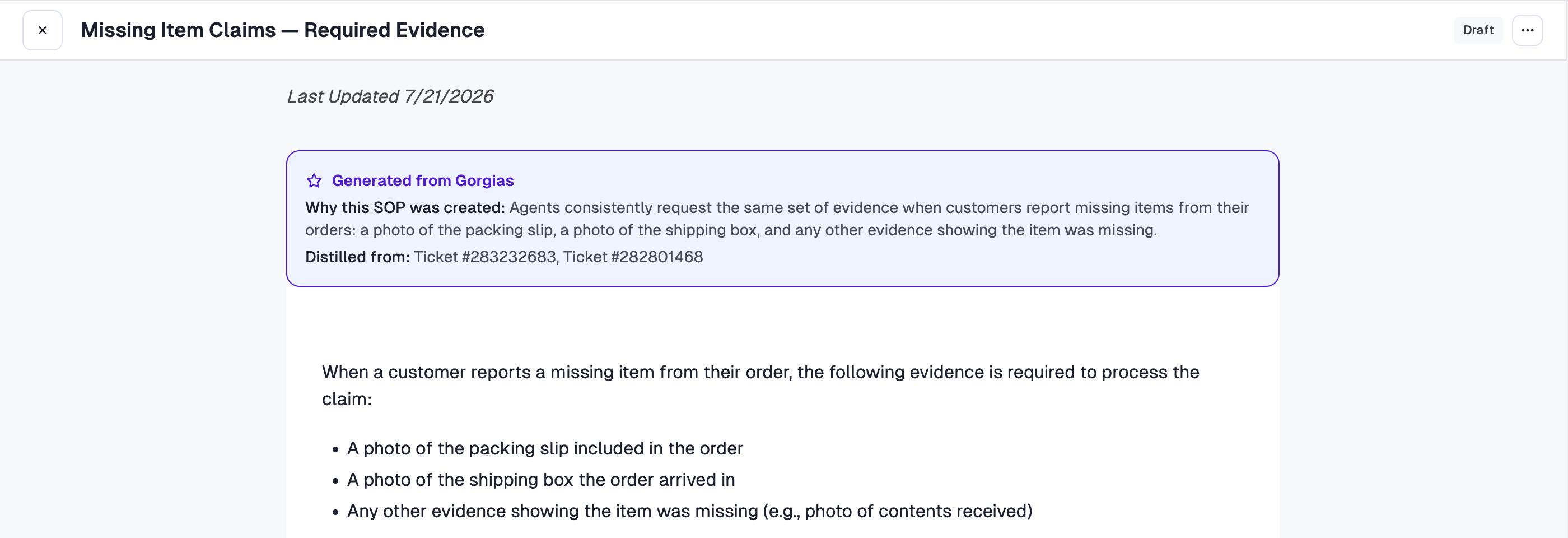 A generated SOP showing why it was created and which tickets it came from