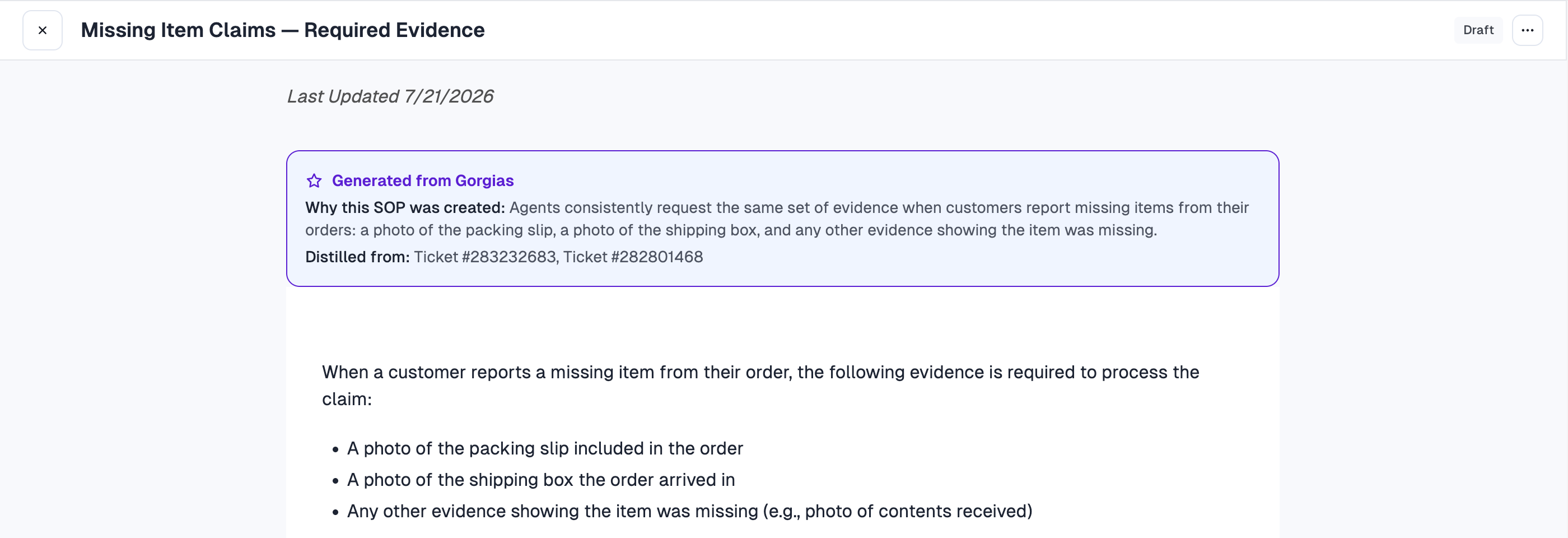 A generated SOP showing why it was created and which tickets it came from