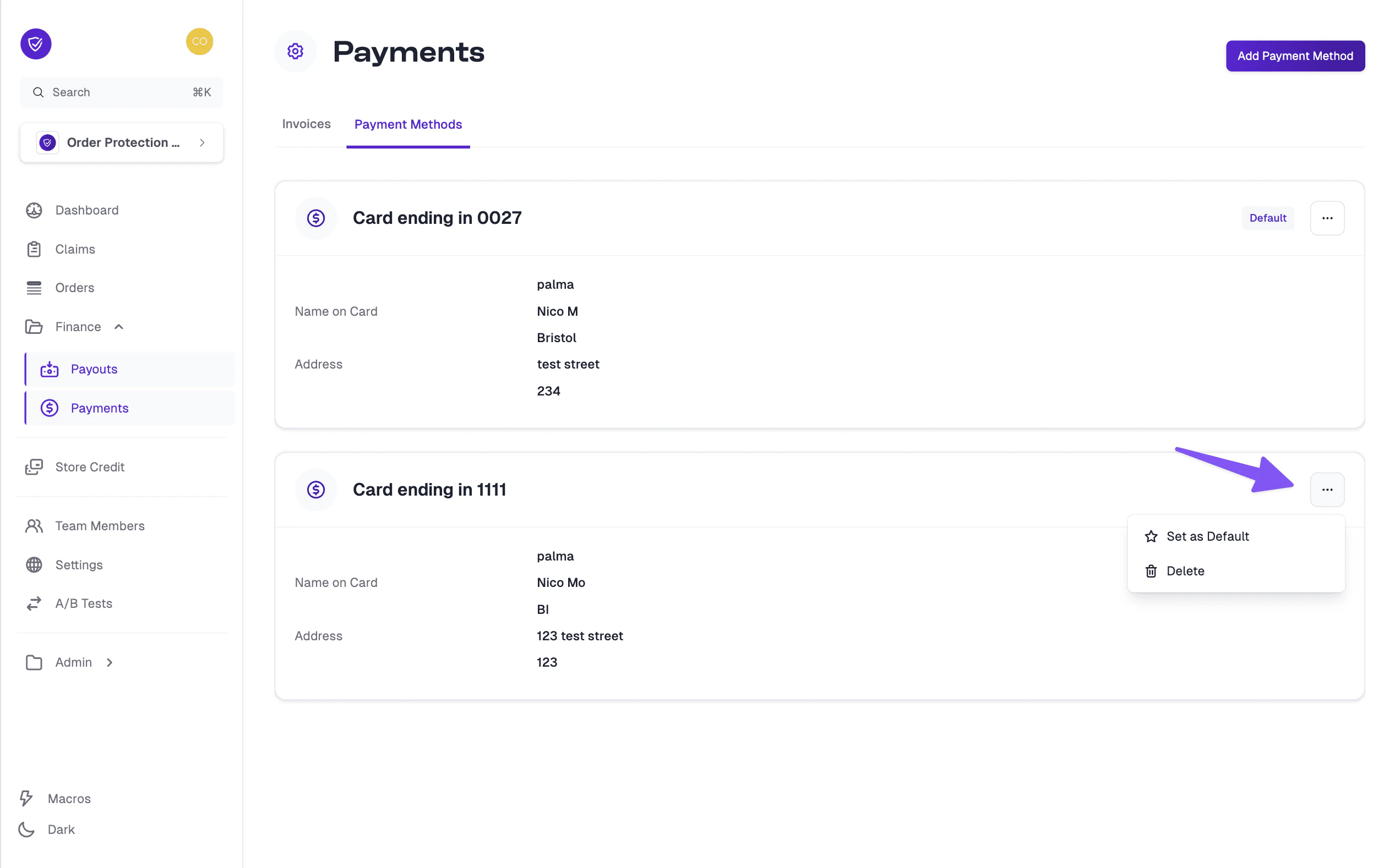 Set a payment method as default