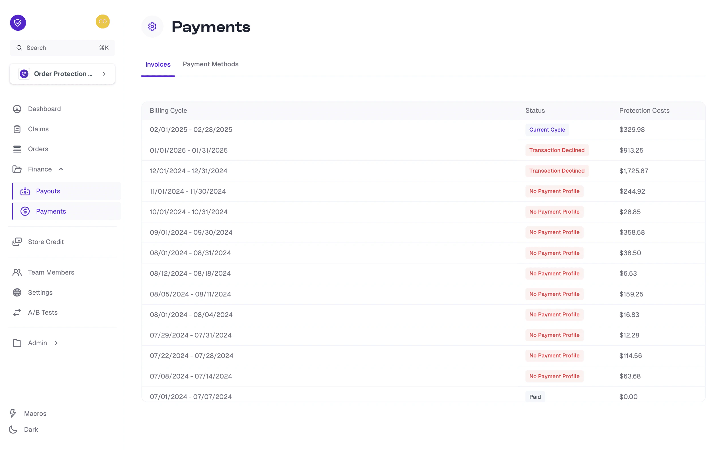 Viewing payment invoices