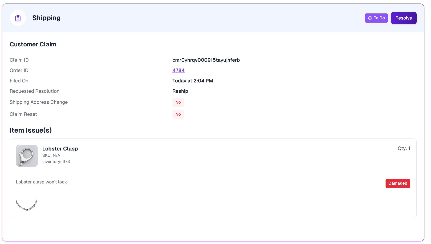 Claim detail showing the affected part under Item Issues