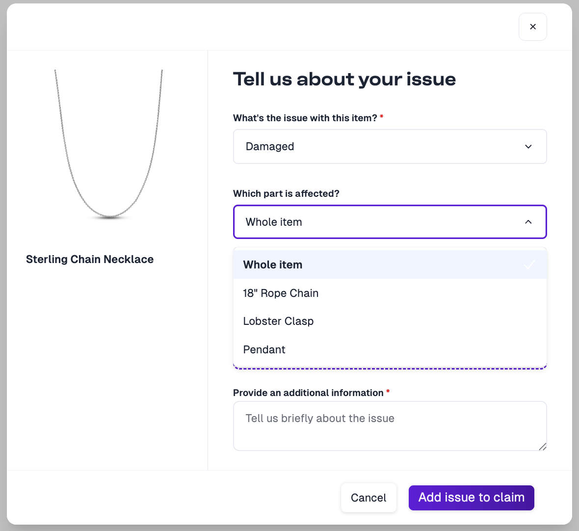Customer selecting an affected part during claim filing