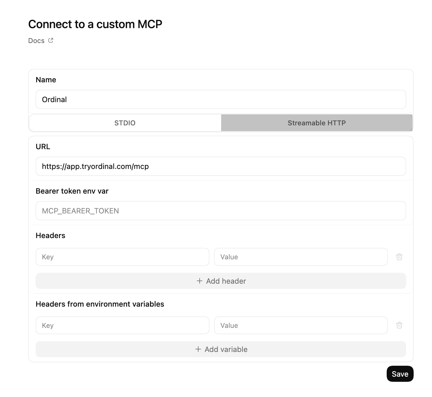 Codex Connect to a custom MCP dialog with Name set to Ordinal, transport set to Streamable HTTP, and URL set to https://app.tryordinal.com/mcp