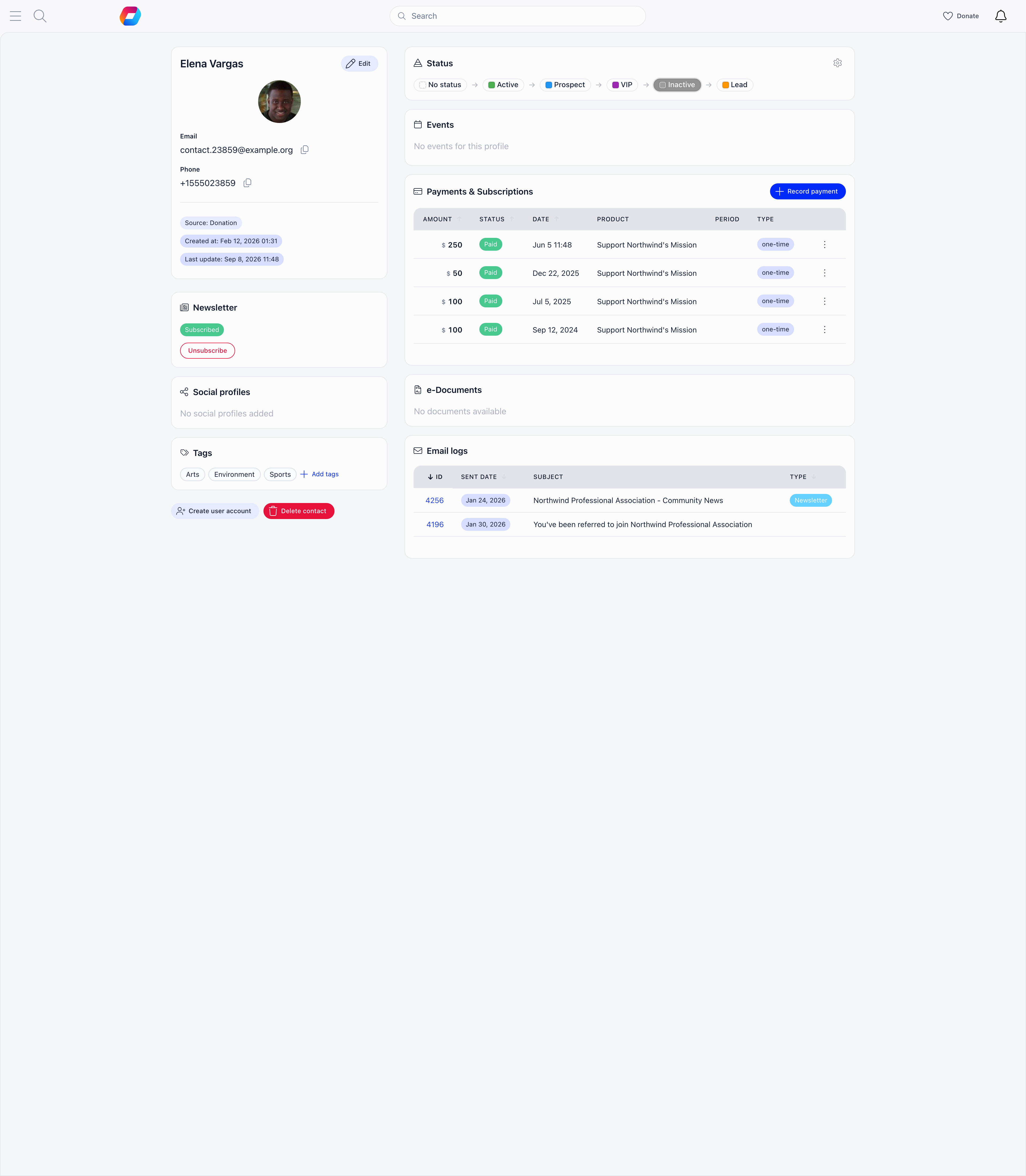 A contact record showing the contact information card with source and dates, the newsletter card, tags, the status pipeline, the payments card, e-documents and email logs