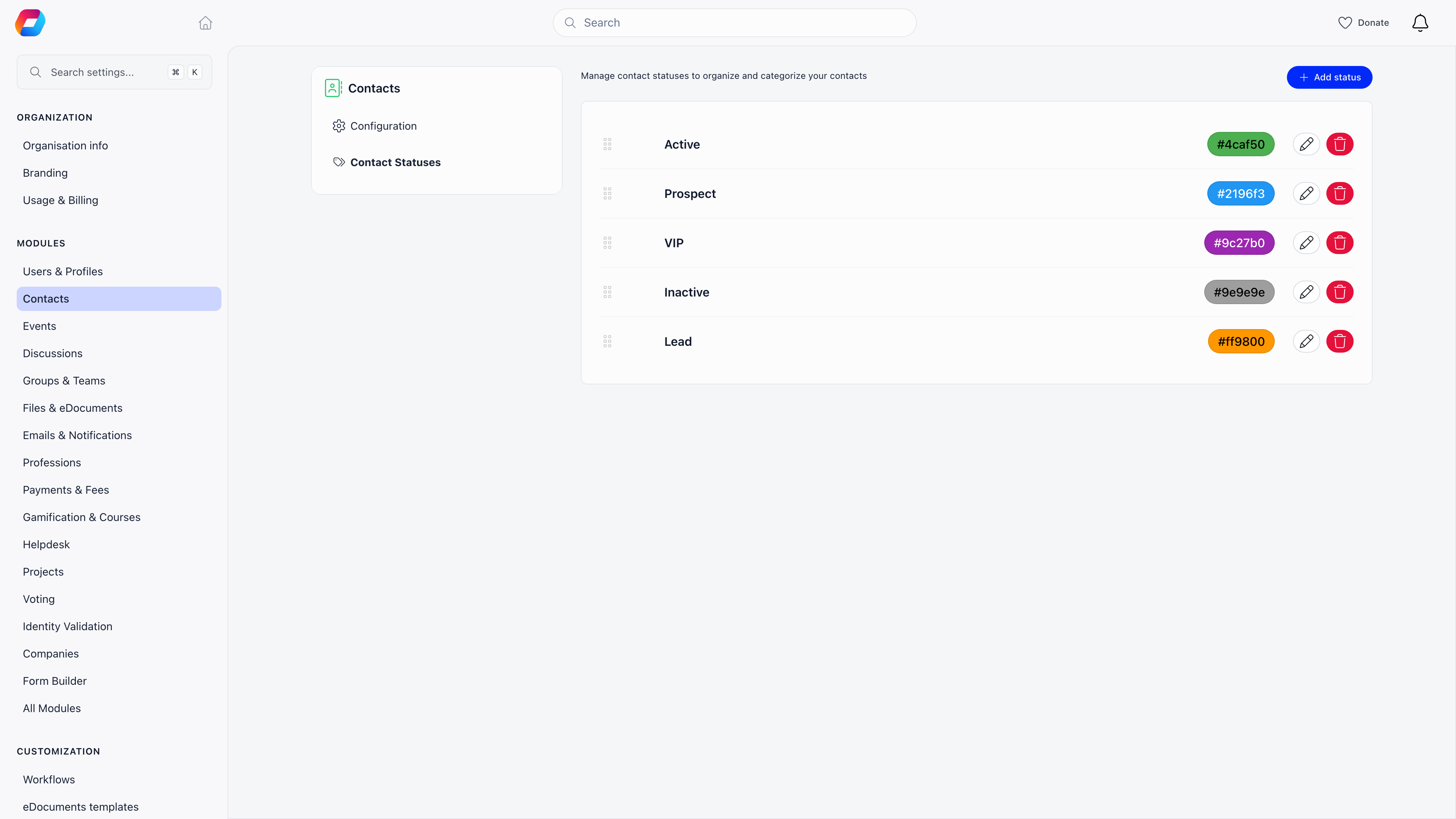 The contact statuses settings screen listing the tenant defined statuses with their colours and drag handles for reordering
