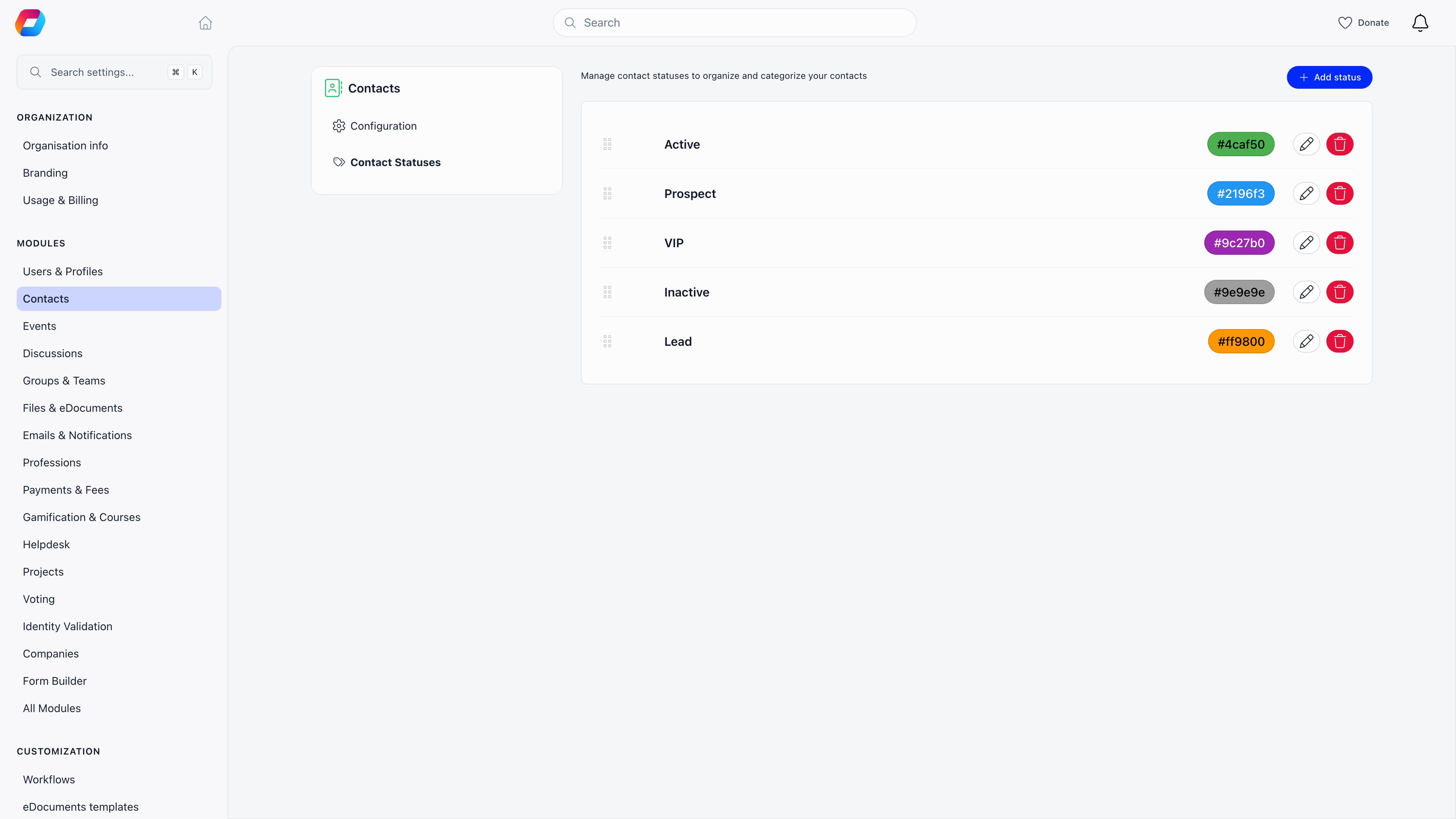 The contact statuses settings screen listing the tenant defined statuses with their colours and drag handles for reordering