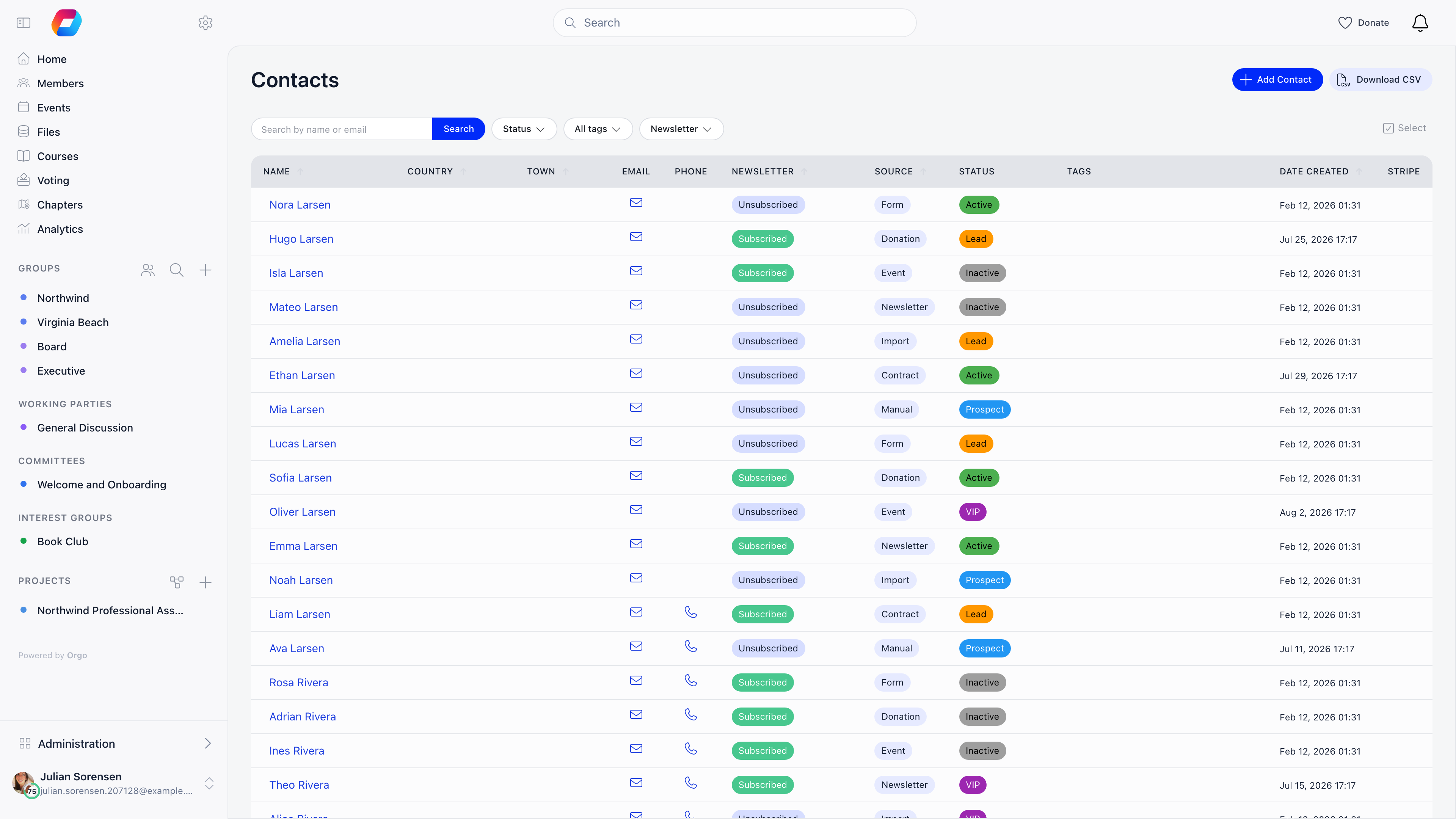 Contacts list showing name, email and phone icons, newsletter state, source, status and tags columns, with search and filters for status, tags and newsletter above the table
