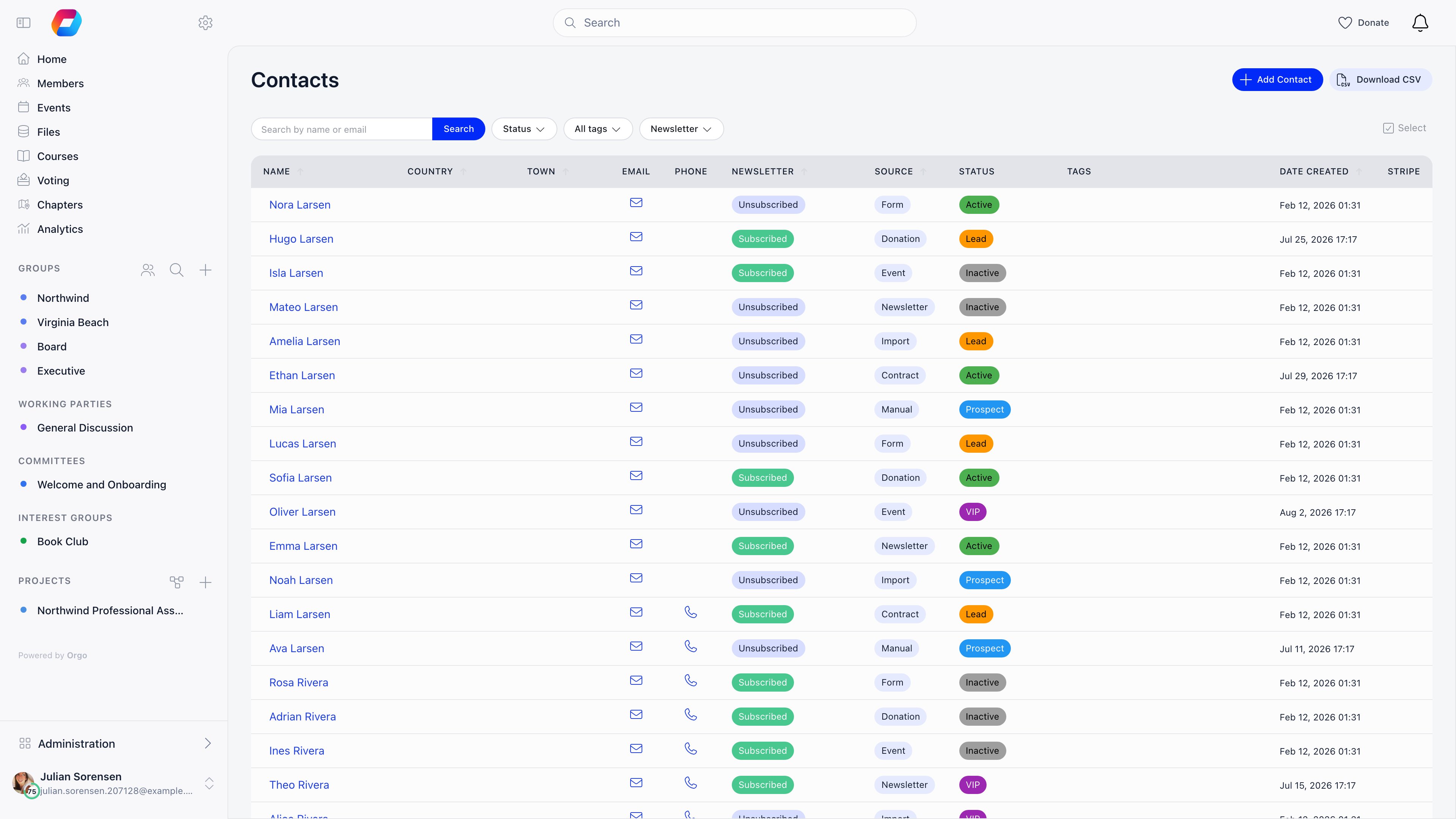 Contacts list showing name, email and phone icons, newsletter state, source, status and tags columns, with search and filters for status, tags and newsletter above the table