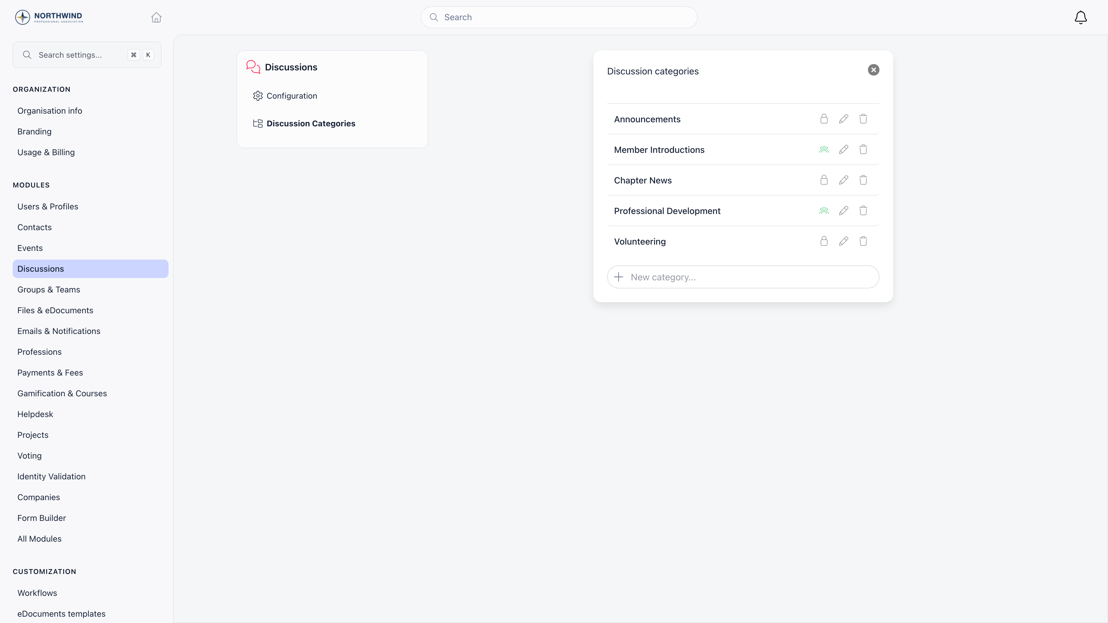 Discussion Categories screen listing categories with their posting permission and rename and delete actions