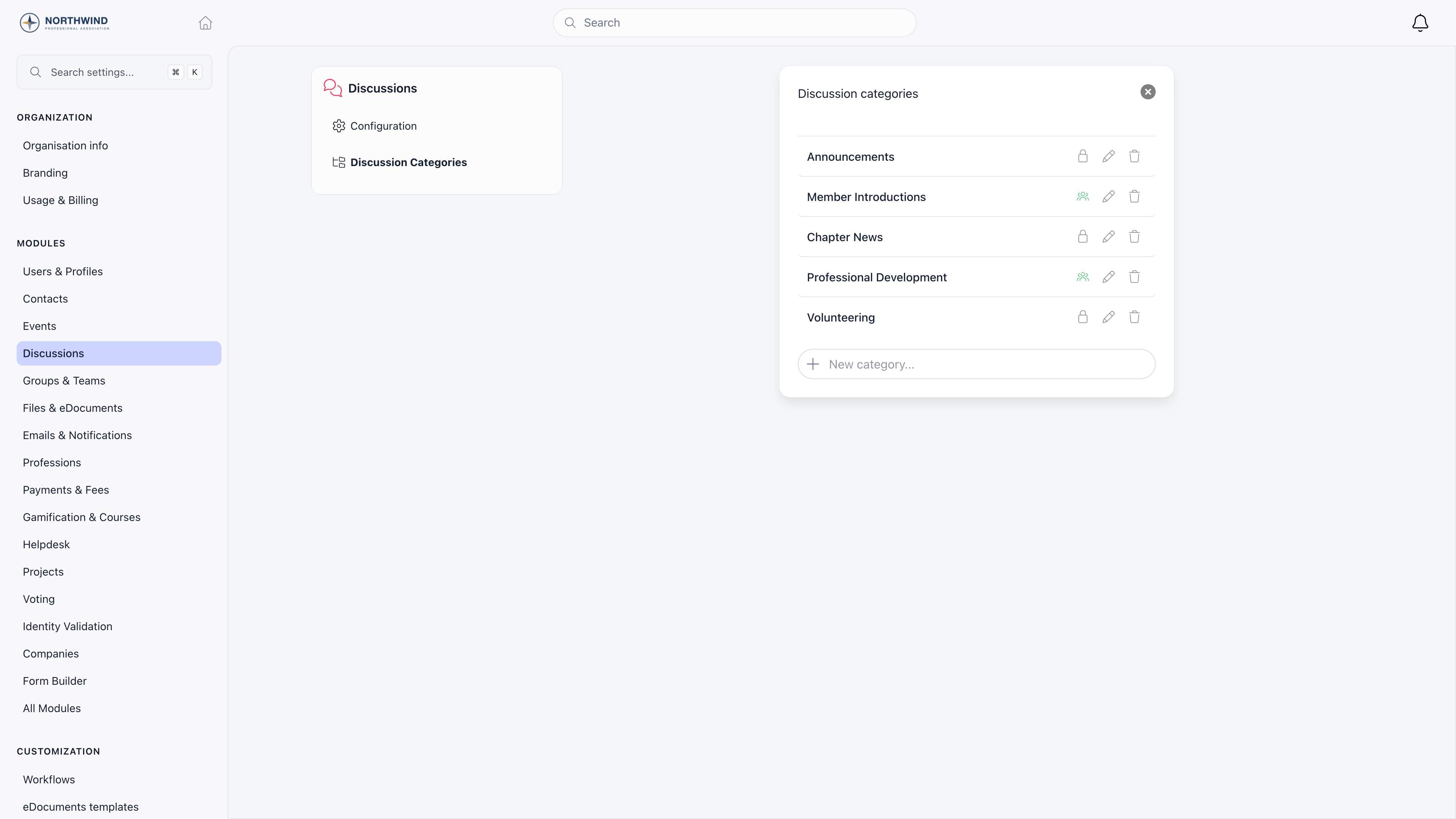 Discussion Categories screen listing categories with their posting permission and rename and delete actions