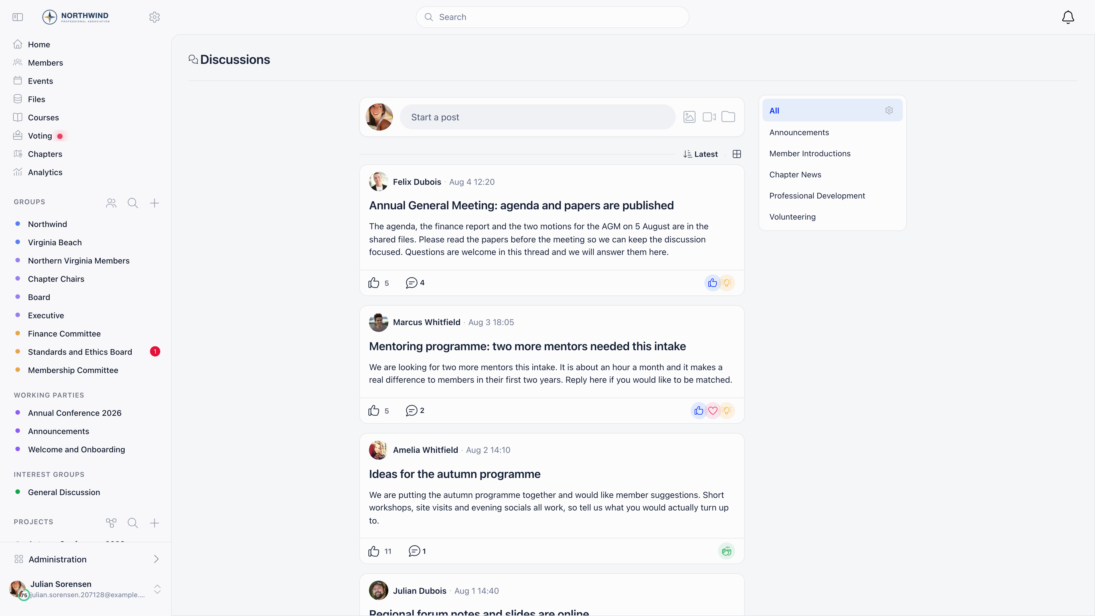Discussions feed with the Start a post composer, sort control, the category panel and post cards showing reaction and comment counts