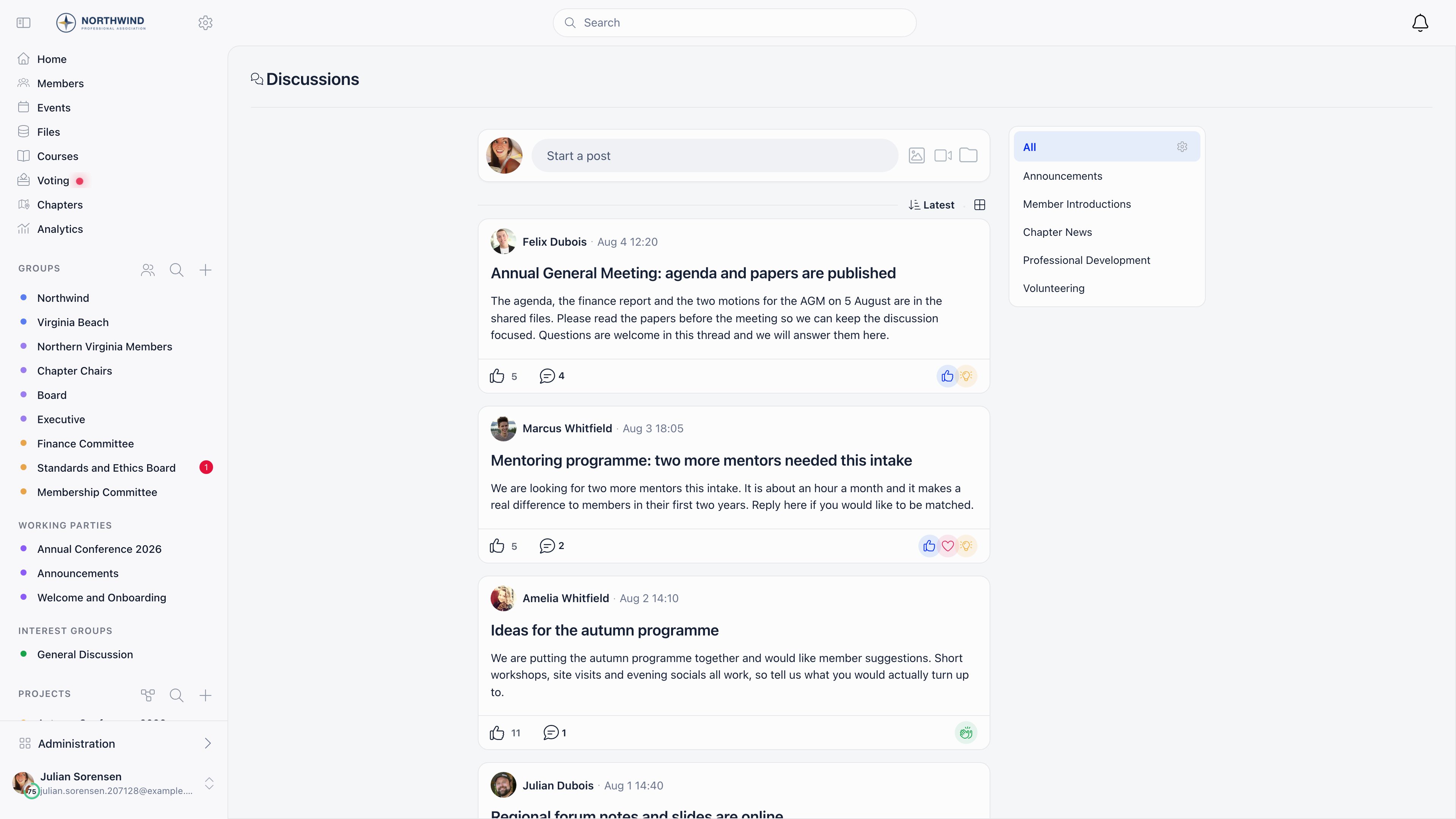 Discussions feed with the Start a post composer, sort control, the category panel and post cards showing reaction and comment counts