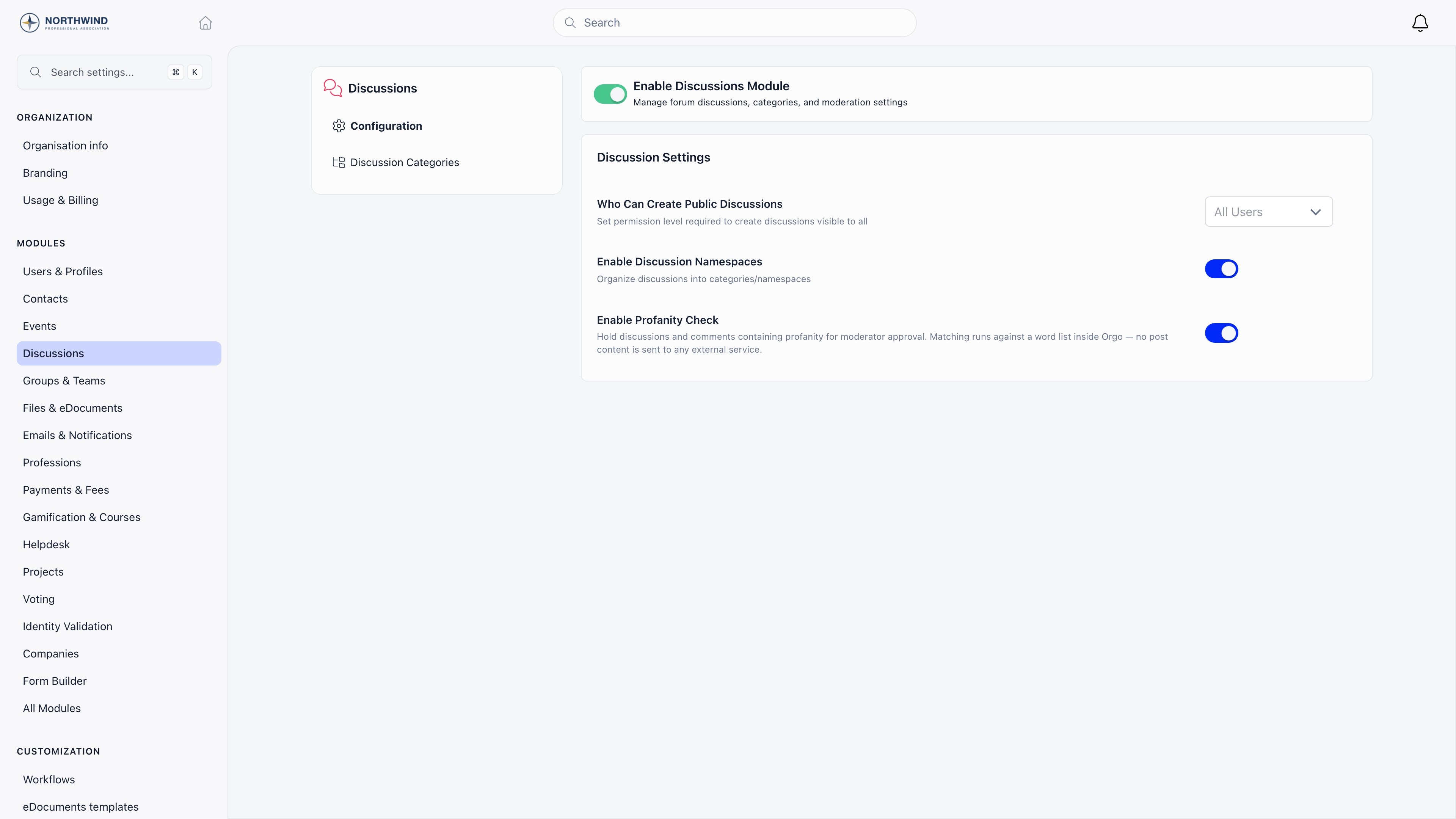 Discussions module settings with the module toggle, Who Can Create Public Discussions, Enable Discussion Namespaces and Enable Profanity Check