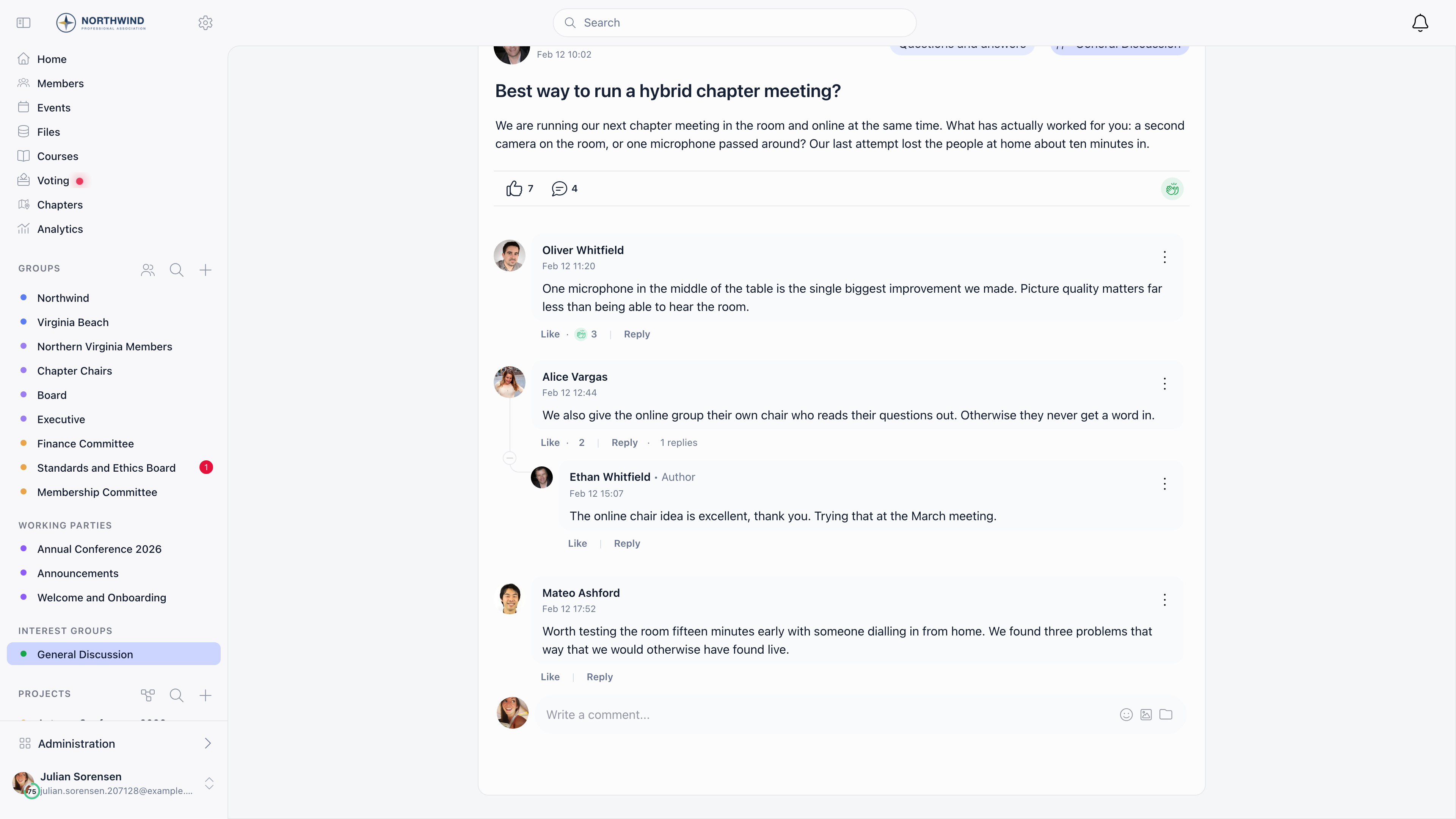 Comment thread with several members replying, each comment offering Like and Reply, a nested reply under one of them, and a Write a comment box at the bottom