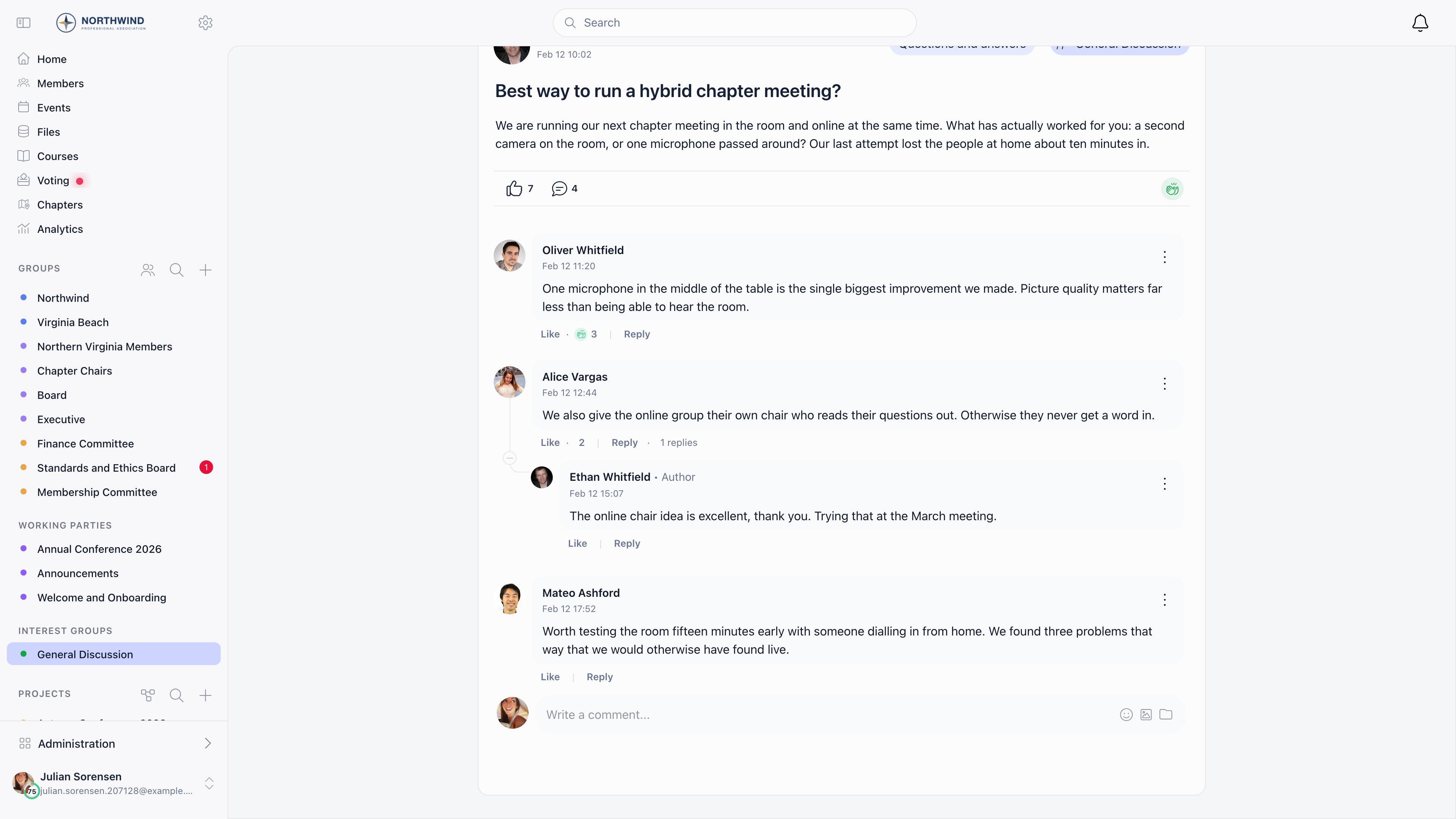 Comment thread with several members replying, each comment offering Like and Reply, a nested reply under one of them, and a Write a comment box at the bottom