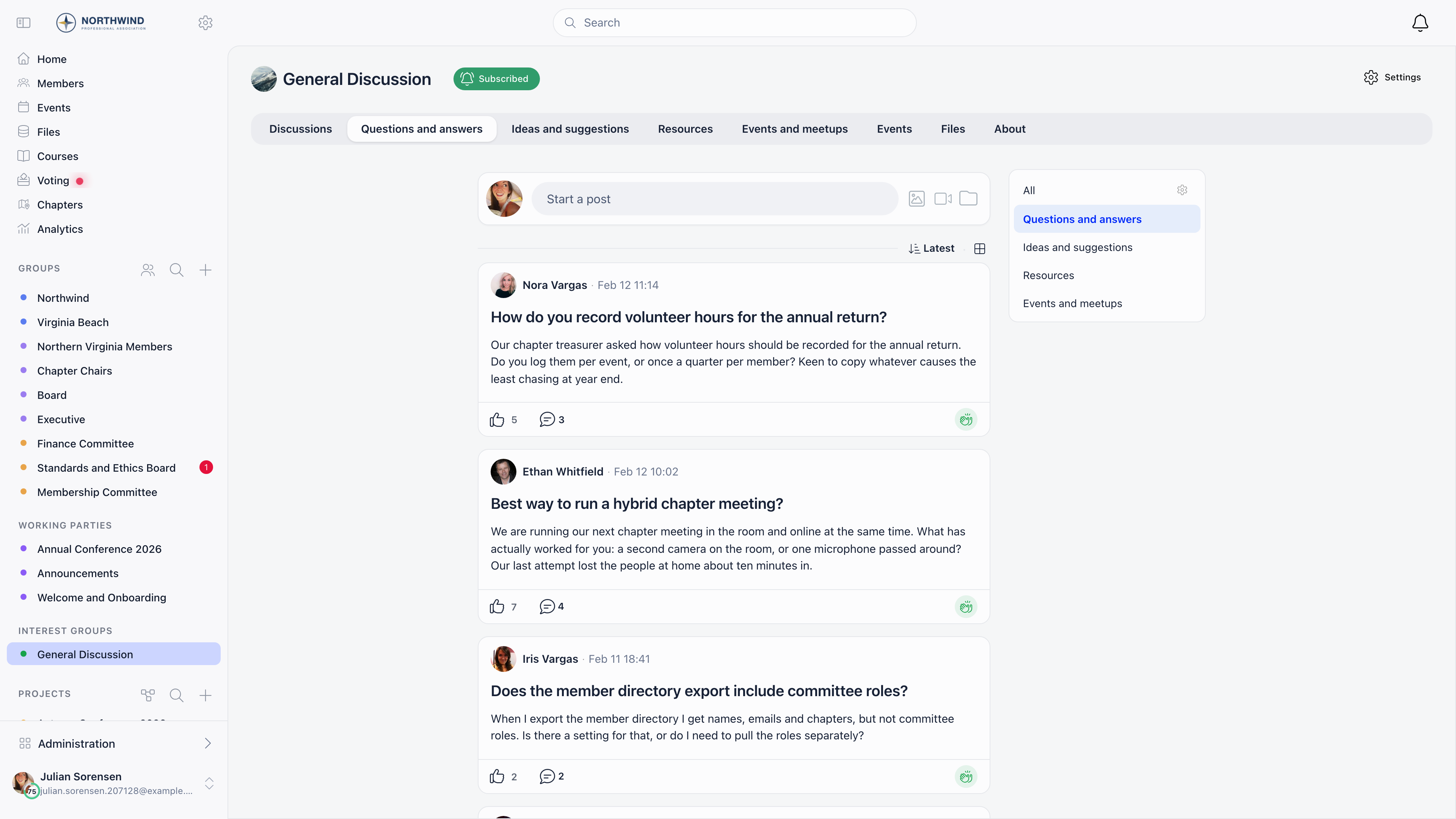 Group forum with the category panel listing All plus each of the group's categories, and the post list filtered to the selected category