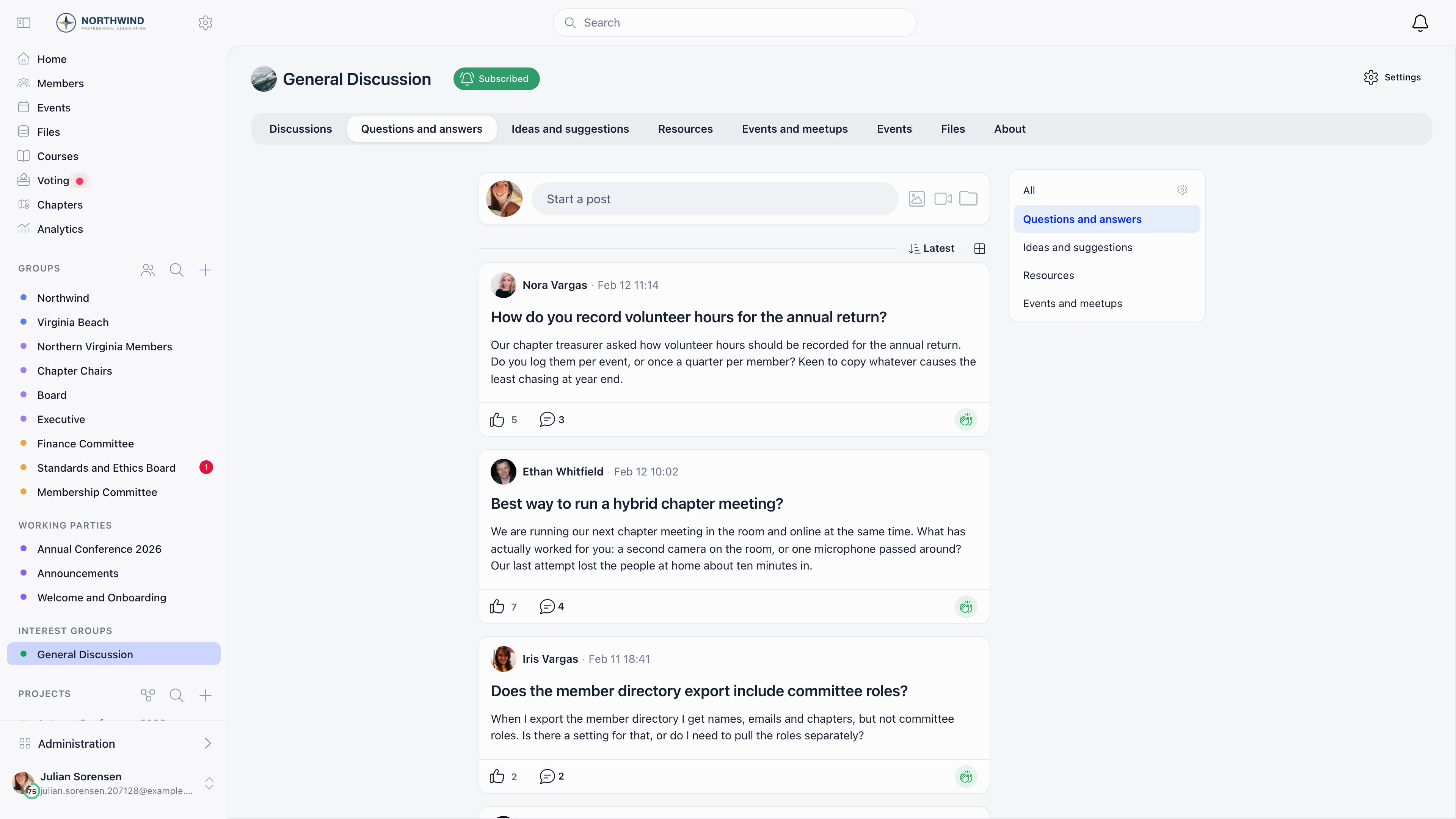 Group forum with the category panel listing All plus each of the group's categories, and the post list filtered to the selected category