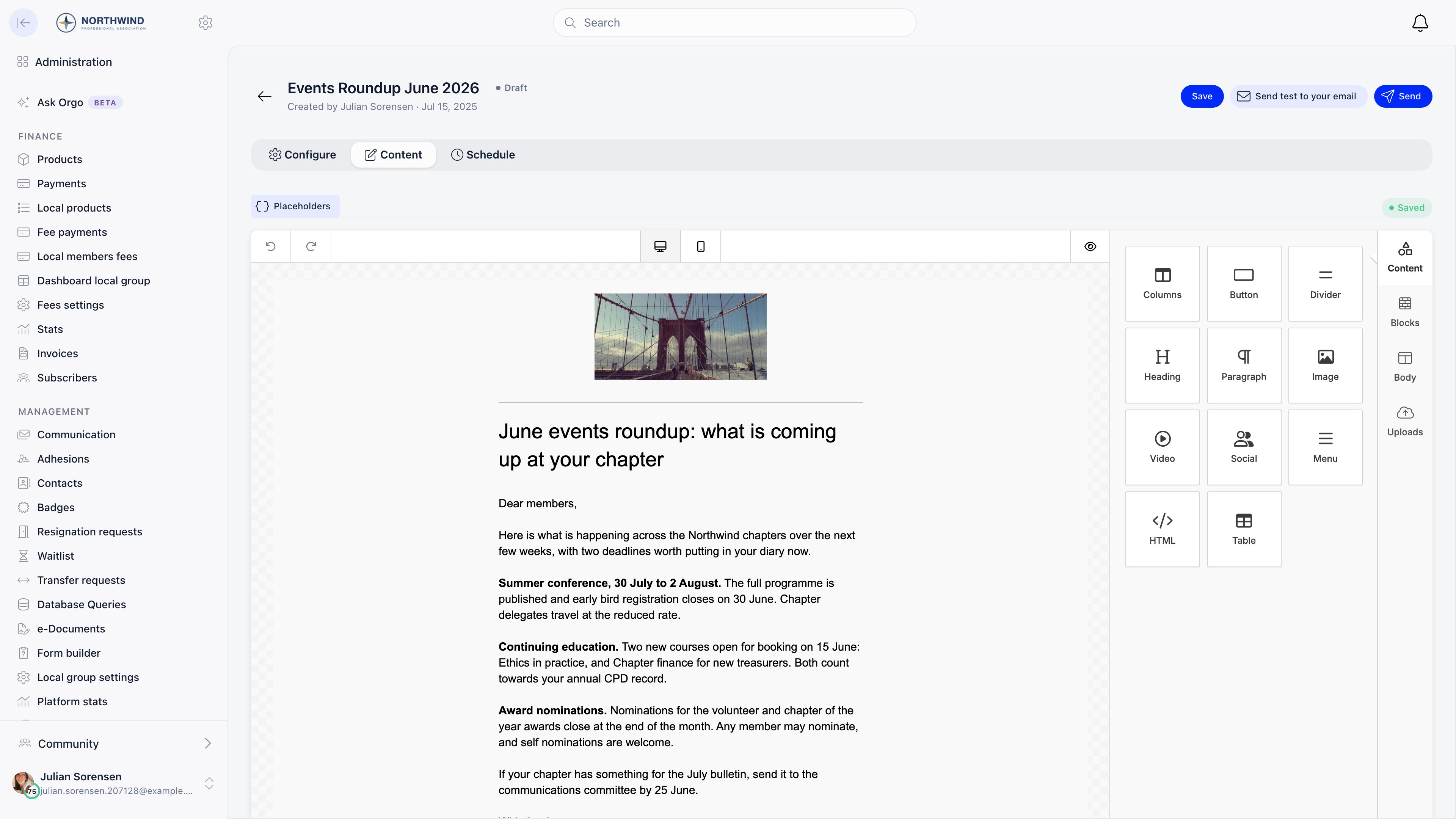 Email builder with the design canvas in the middle, the content block palette on the right, and the Placeholders dropdown in the toolbar above the canvas