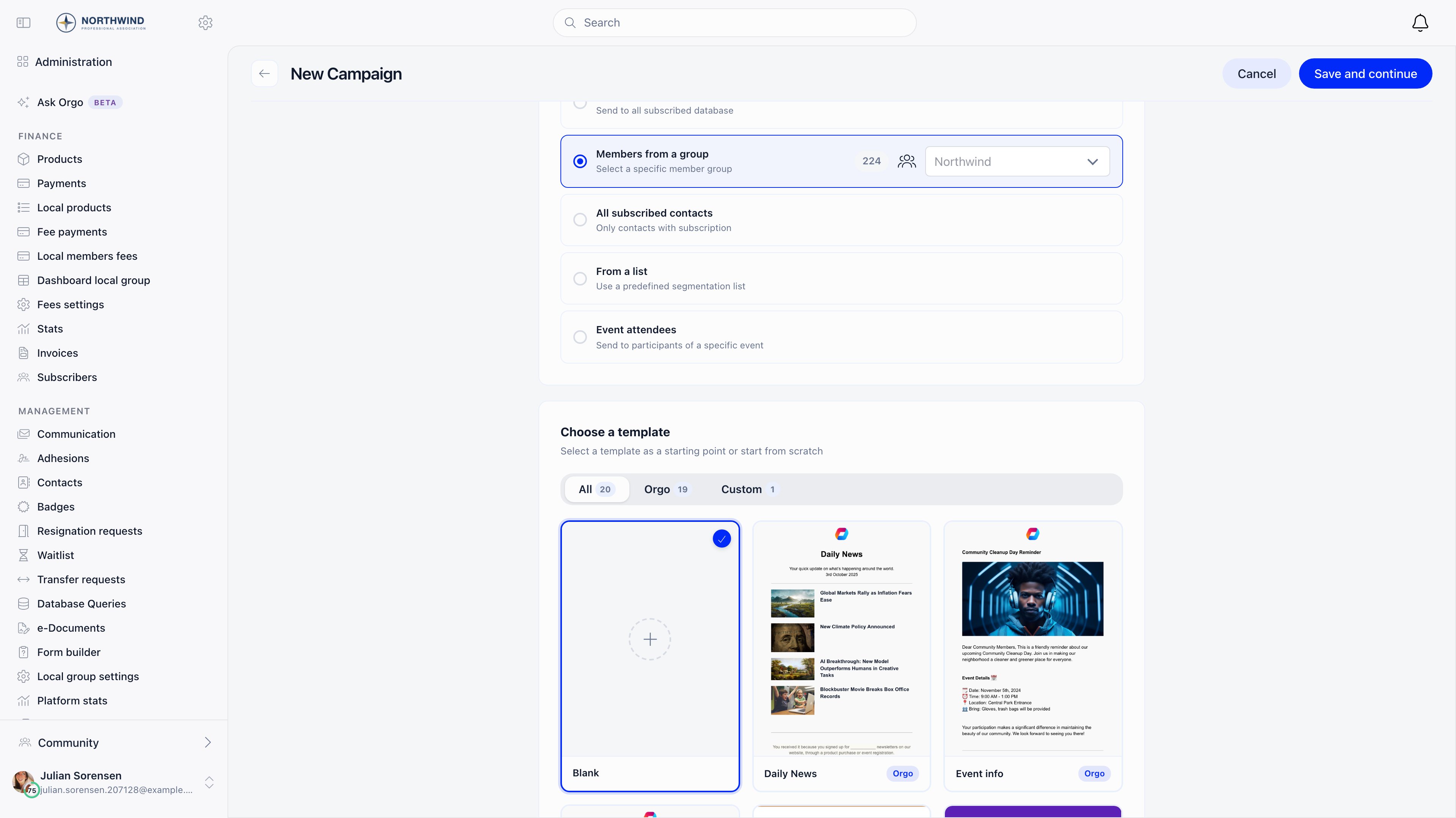 New campaign form scrolled to the recipient options, with the recipient count on the selected one and the Choose a template carousel below them