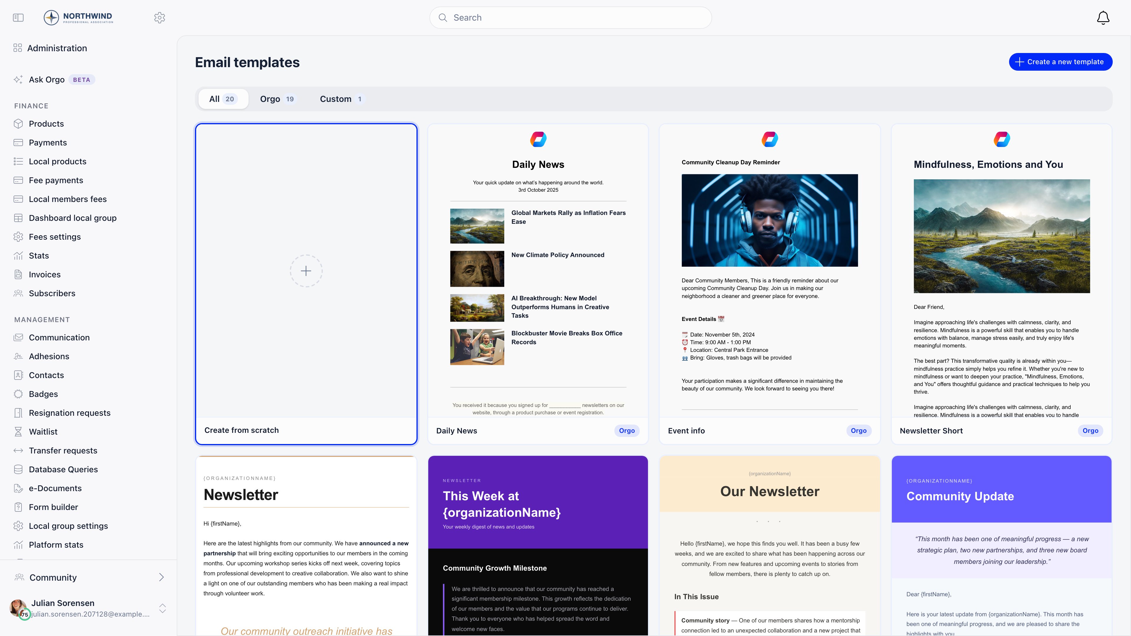 Email templates gallery with All, Orgo and Custom tabs and template cards showing rendered previews