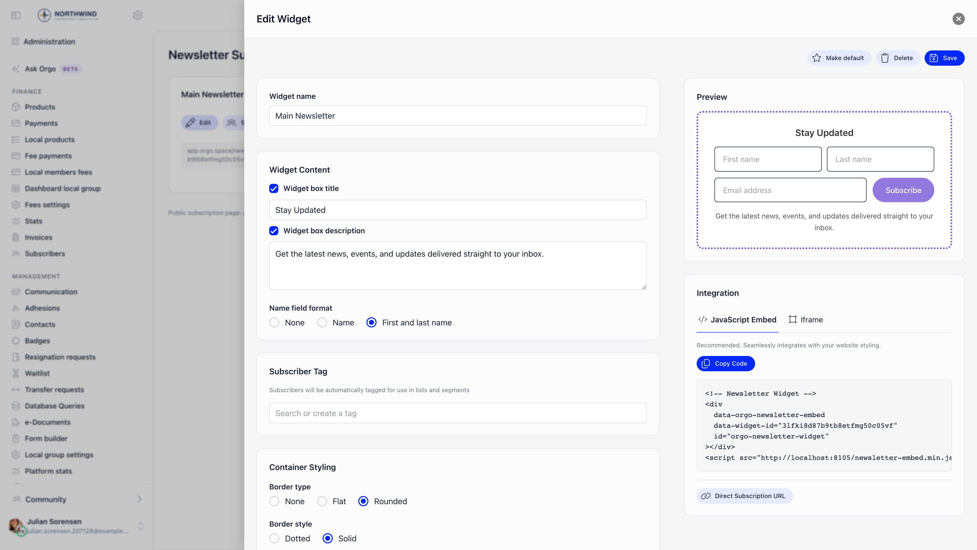 Widget editor with content and styling settings on the left and the live preview with embed code on the right
