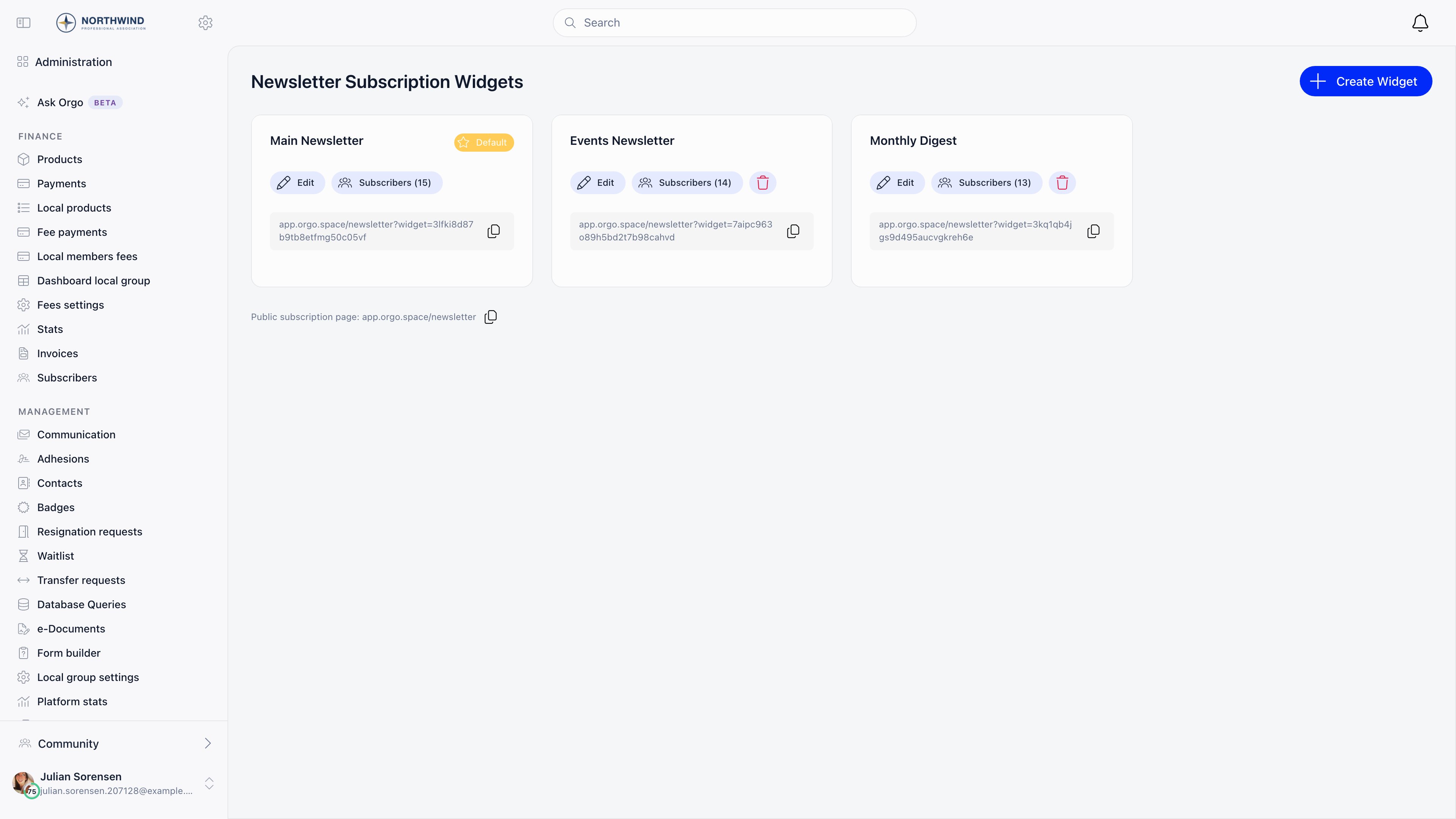 Newsletter subscription widgets page with widget cards showing the default star, subscriber counts, and public URLs
