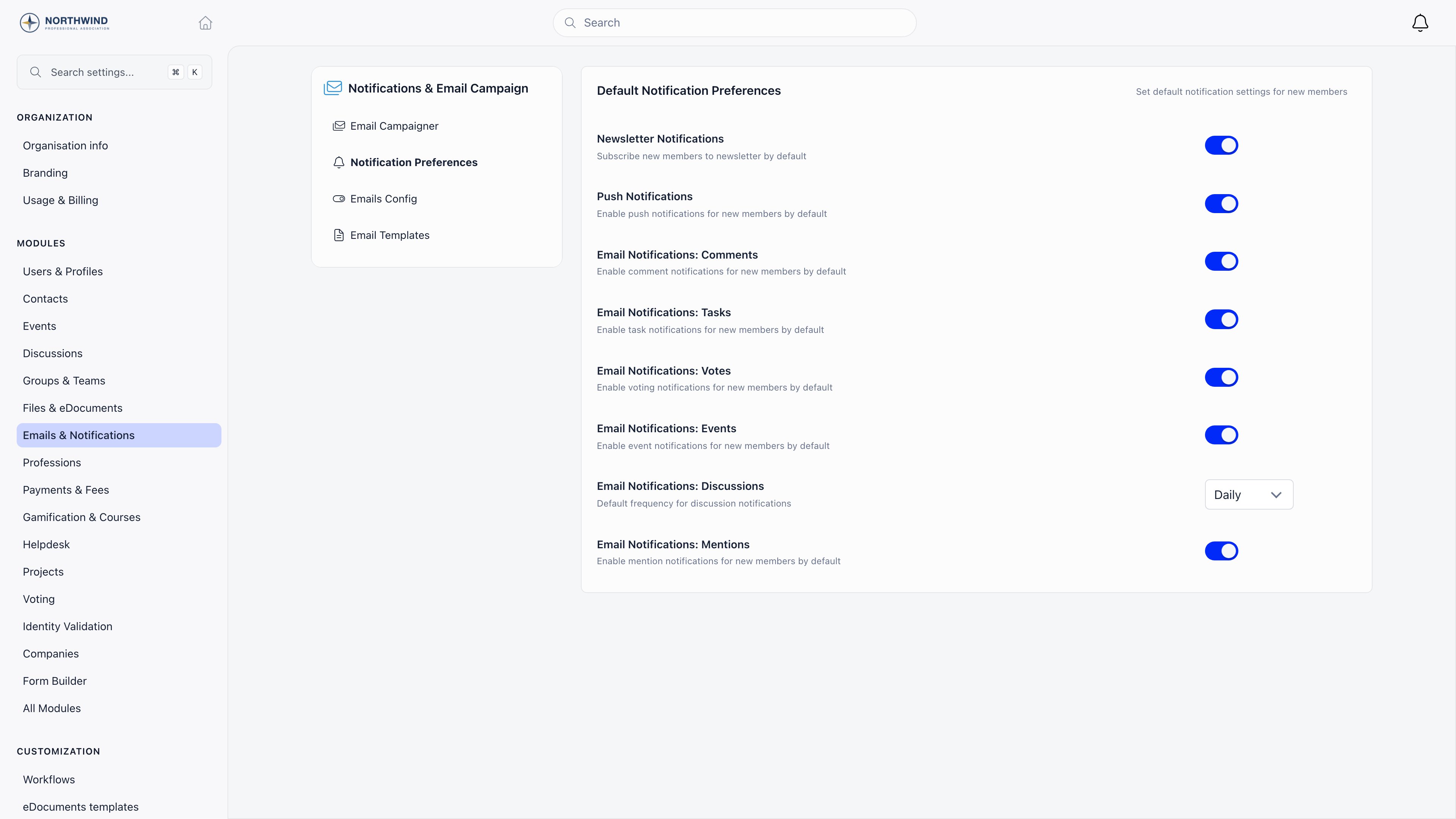 Default Notification Preferences with switches for newsletter, push, comments, tasks, votes, events, mentions and a frequency selector for discussions