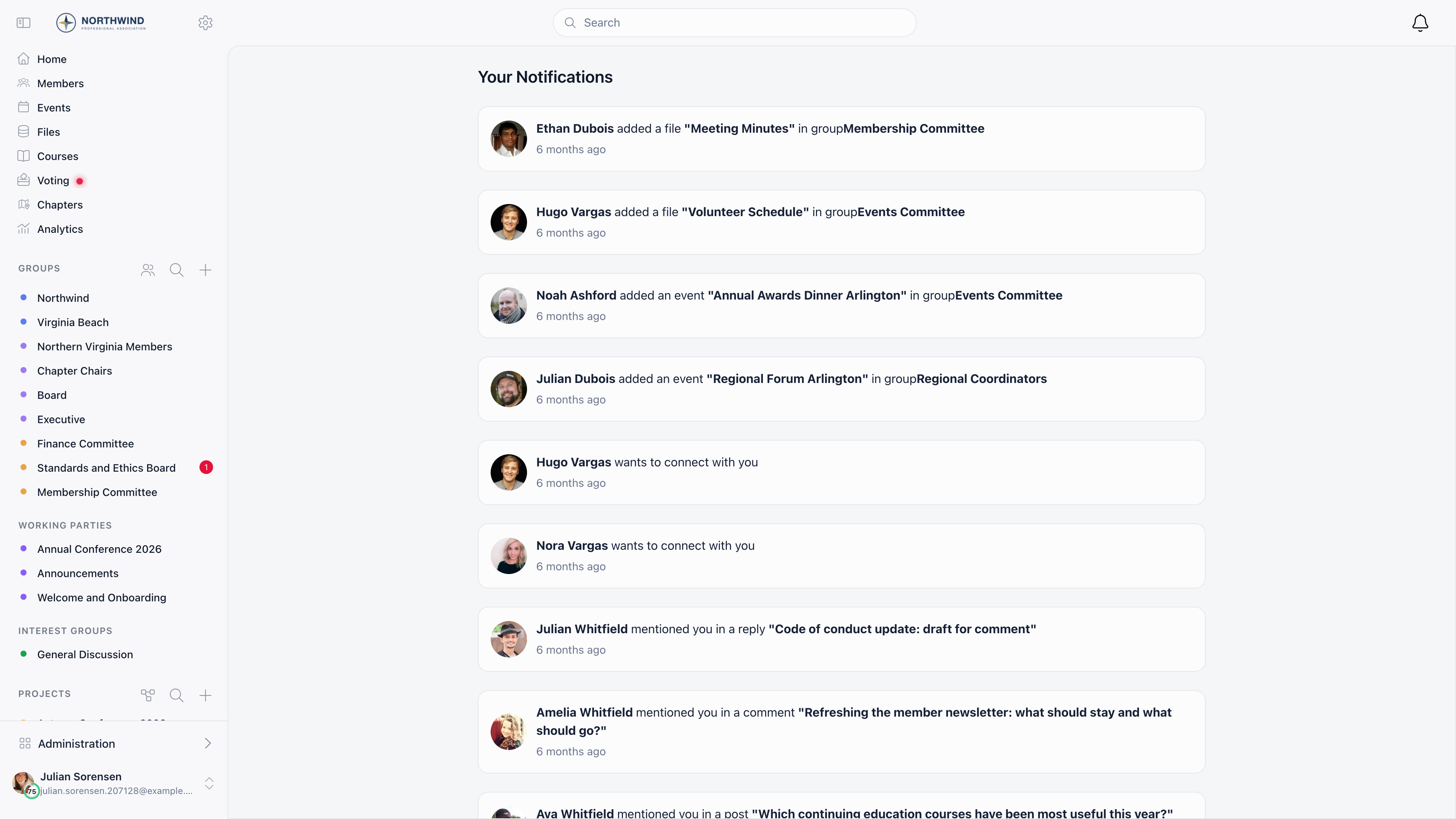 Your Notifications page listing file uploads, new events, connection requests, and mentions with relative timestamps