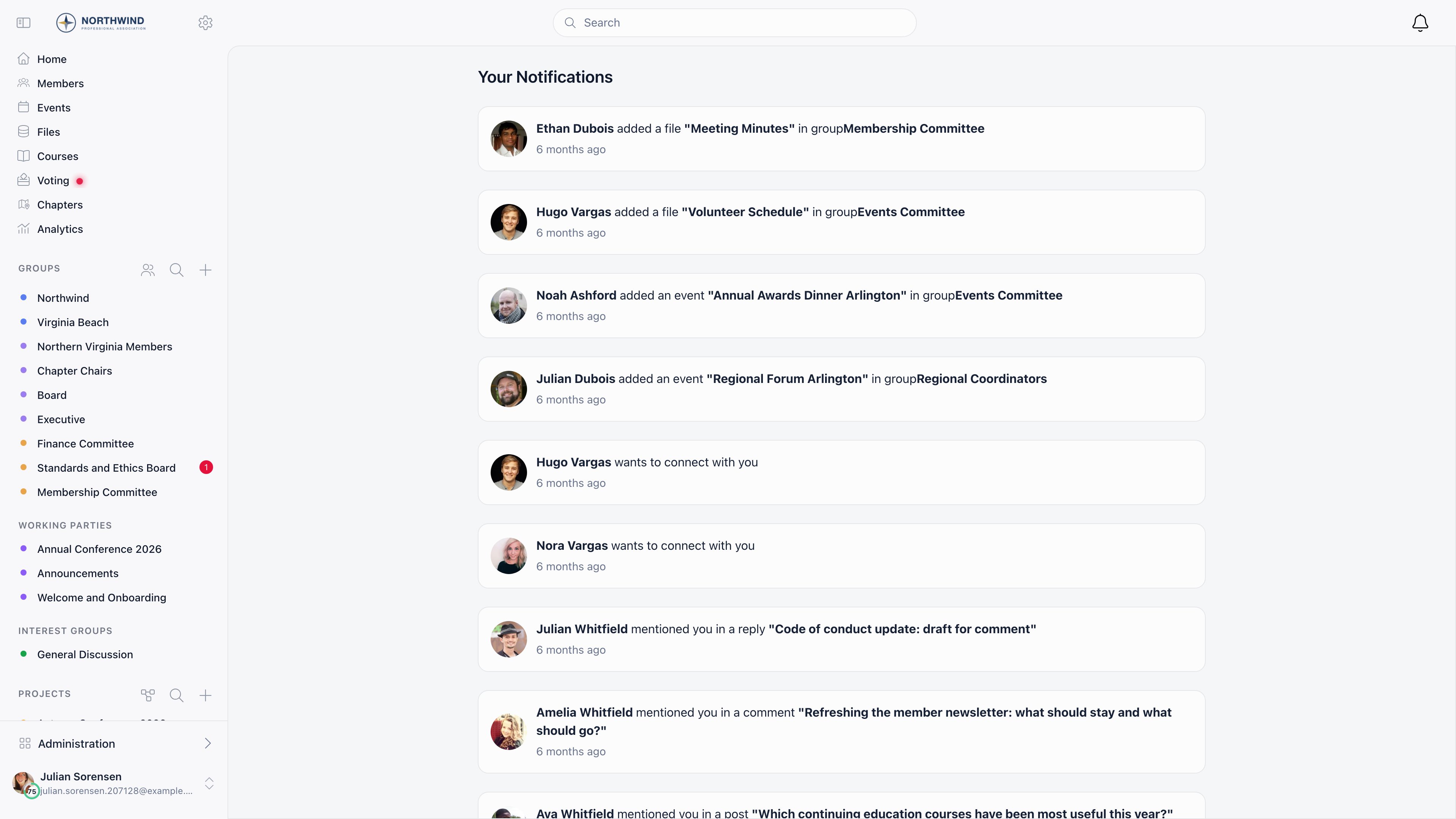 Your Notifications page listing file uploads, new events, connection requests, and mentions with relative timestamps