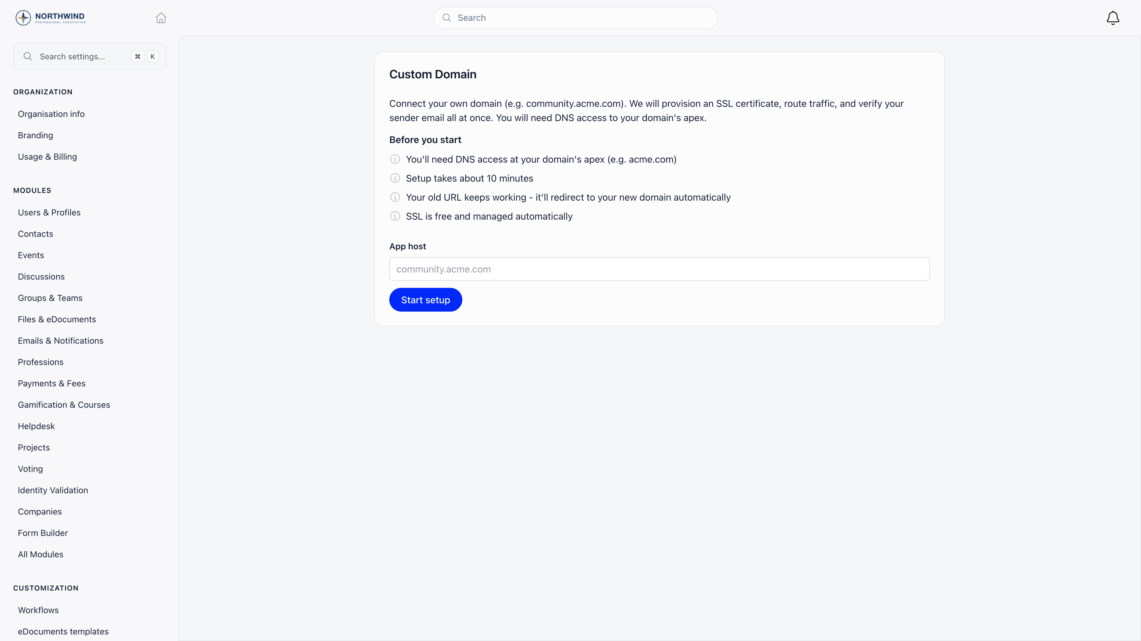 Custom Domain setup page showing the before-you-start checklist and the App host field