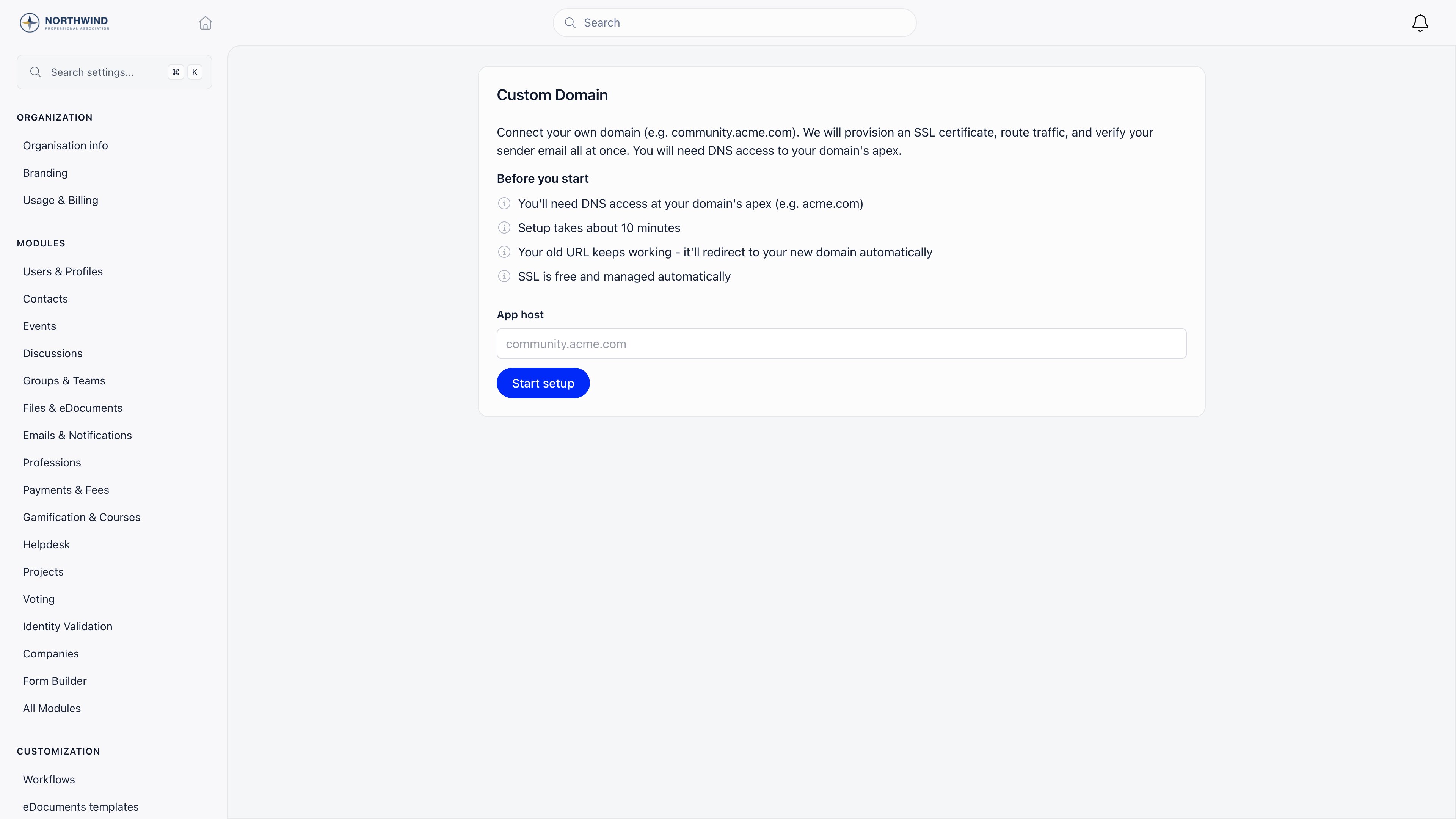 Custom Domain setup page showing the before-you-start checklist and the App host field