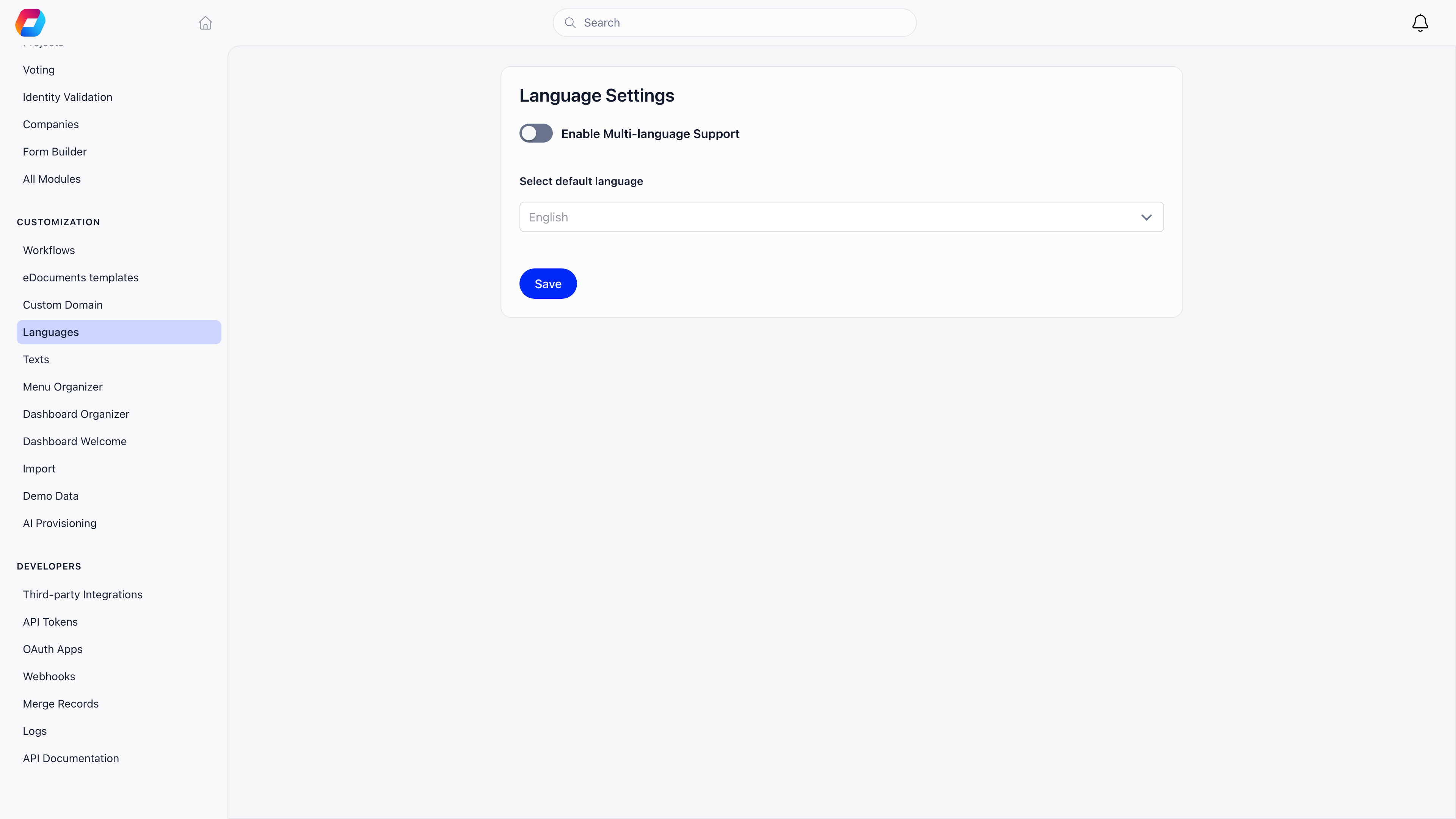 Settings sidebar scrolled to the Customization section, listing Workflows, eDocuments templates, Custom Domain, Languages, Texts, Menu Organizer, Dashboard Organizer, Dashboard Welcome and Import, with the demo-only Demo Data and AI Provisioning entries below them and the Developers section underneath