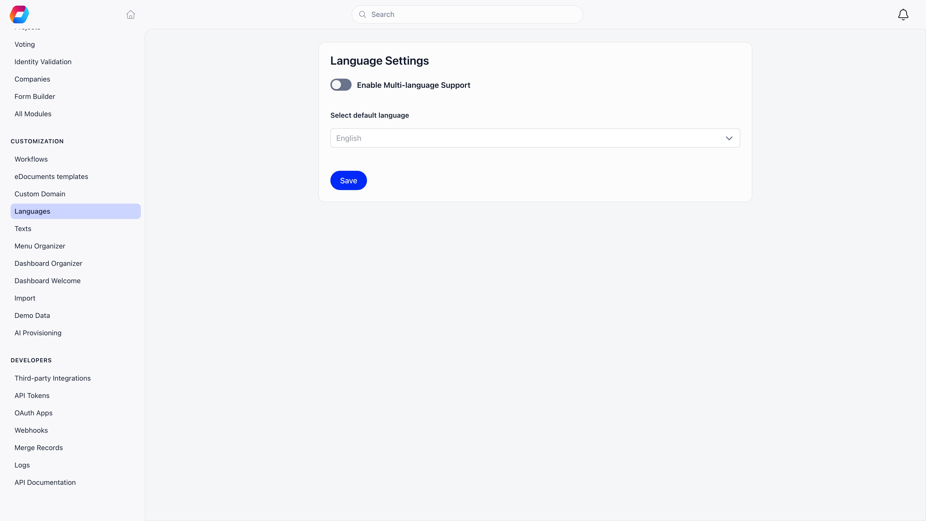 Settings sidebar scrolled to the Customization section, listing Workflows, eDocuments templates, Custom Domain, Languages, Texts, Menu Organizer, Dashboard Organizer, Dashboard Welcome and Import, with the demo-only Demo Data and AI Provisioning entries below them and the Developers section underneath