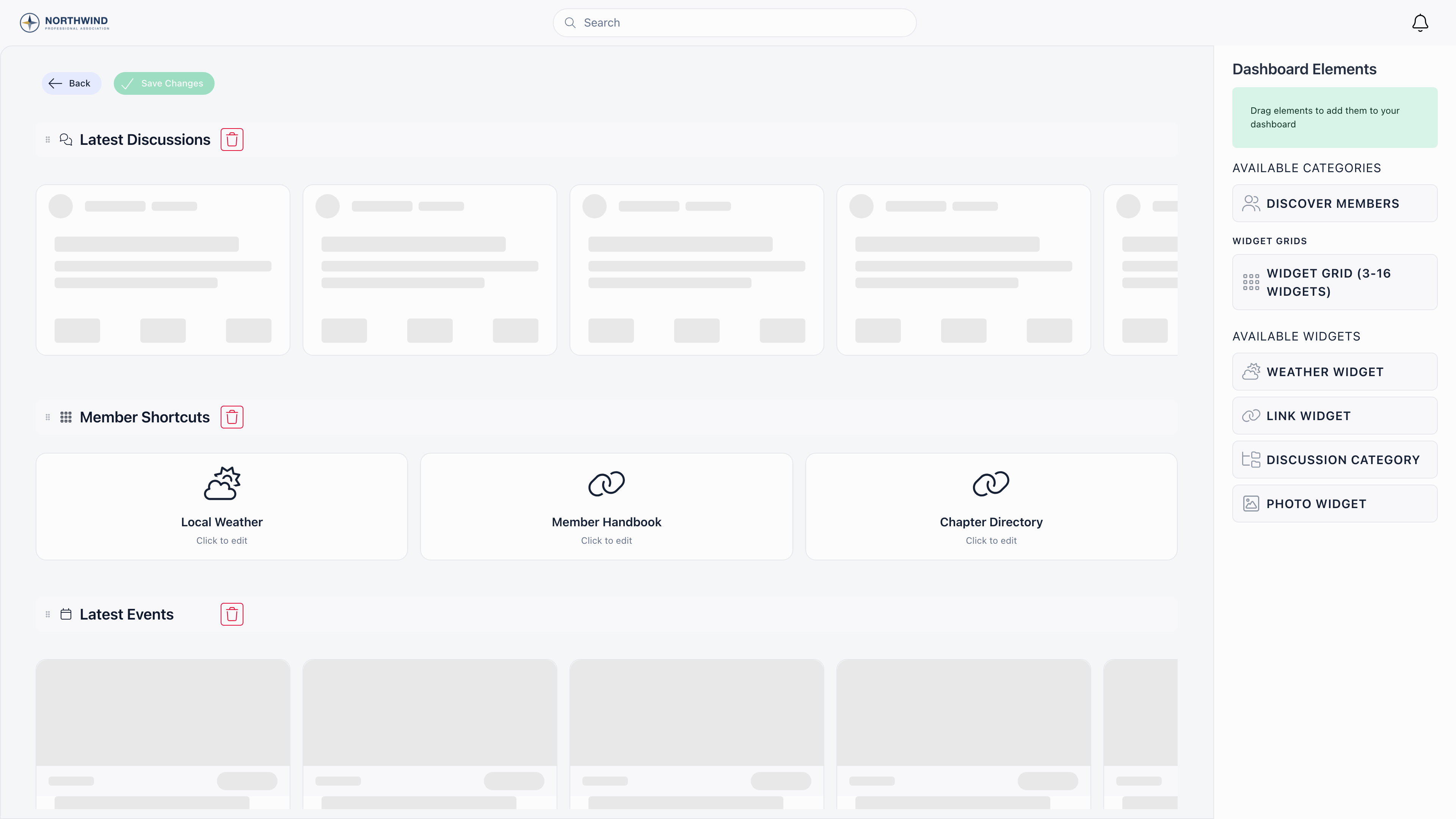 Dashboard organizer in edit mode with the Dashboard Elements palette on the right, holding Available Categories, Widget Grids and Available Widgets, and the placed dashboard sections on the left: Latest Discussions, a Member Shortcuts widget grid and Latest Events