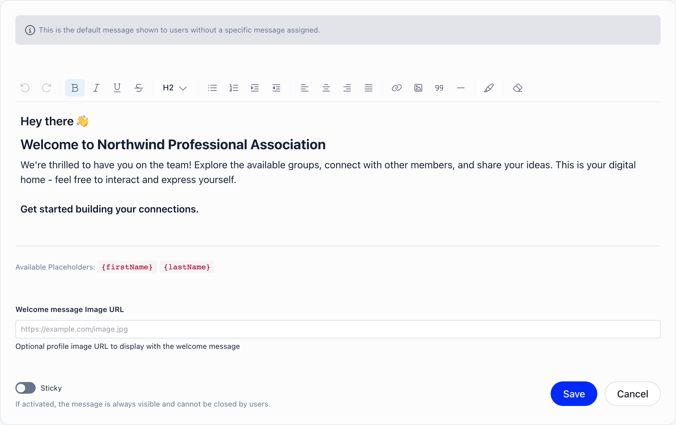 Welcome message editor with the rich text area, the placeholder hint, the image URL field and the sticky switch