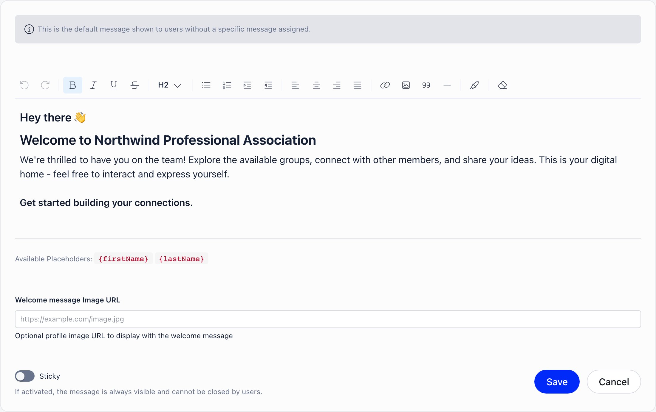 Welcome message editor with the rich text area, the placeholder hint, the image URL field and the sticky switch