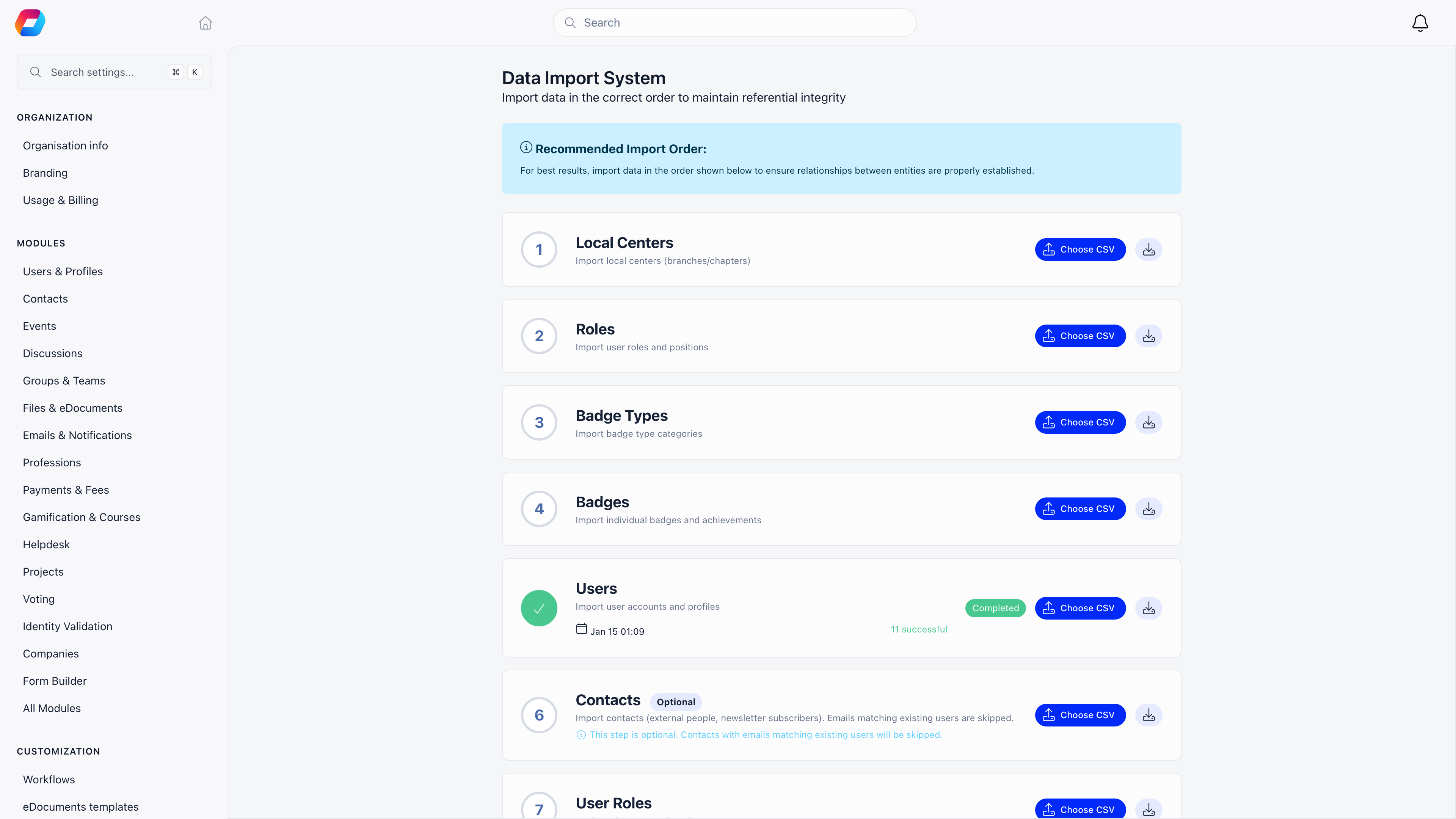 Data Import System page showing the recommended import order as numbered steps, each with a Choose CSV button and an example file download