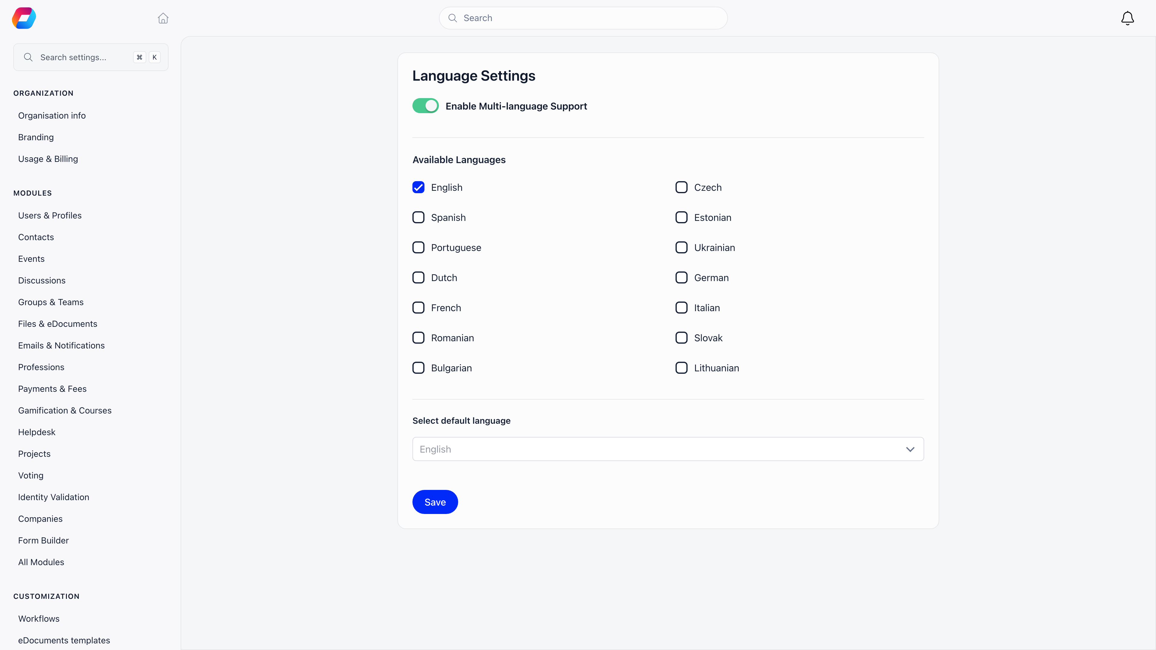 Language Settings page with the multi-language toggle, the enabled-language checkboxes and the default language selector