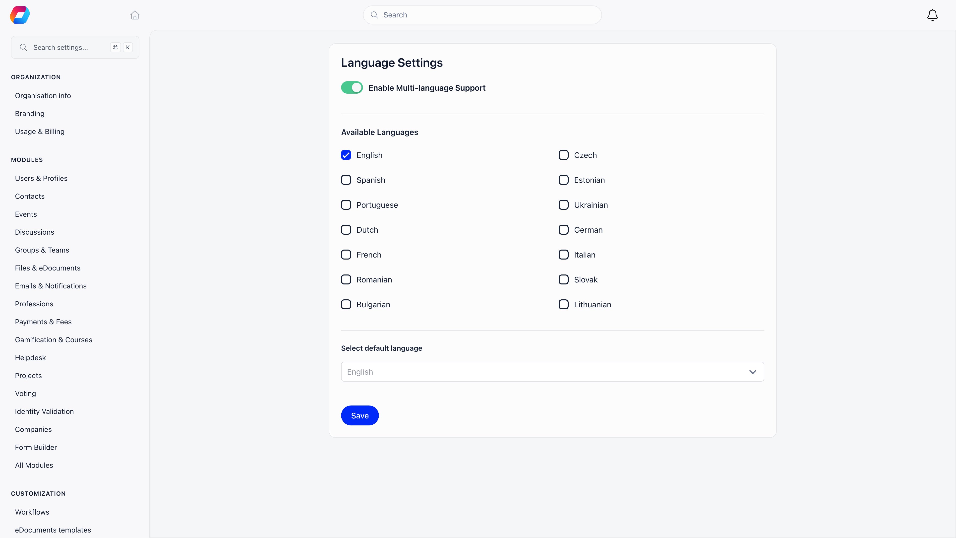 Language Settings page with the multi-language toggle, the enabled-language checkboxes and the default language selector