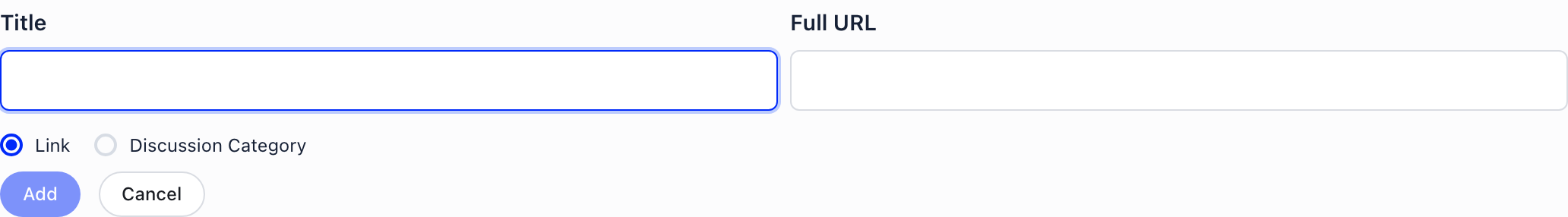 Inline New link form on a menu category with the title field, the Link and Discussion Category radio options and the Full URL input