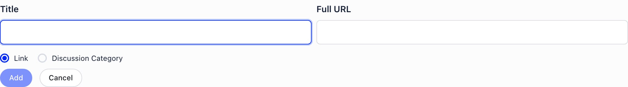 Inline New link form on a menu category with the title field, the Link and Discussion Category radio options and the Full URL input