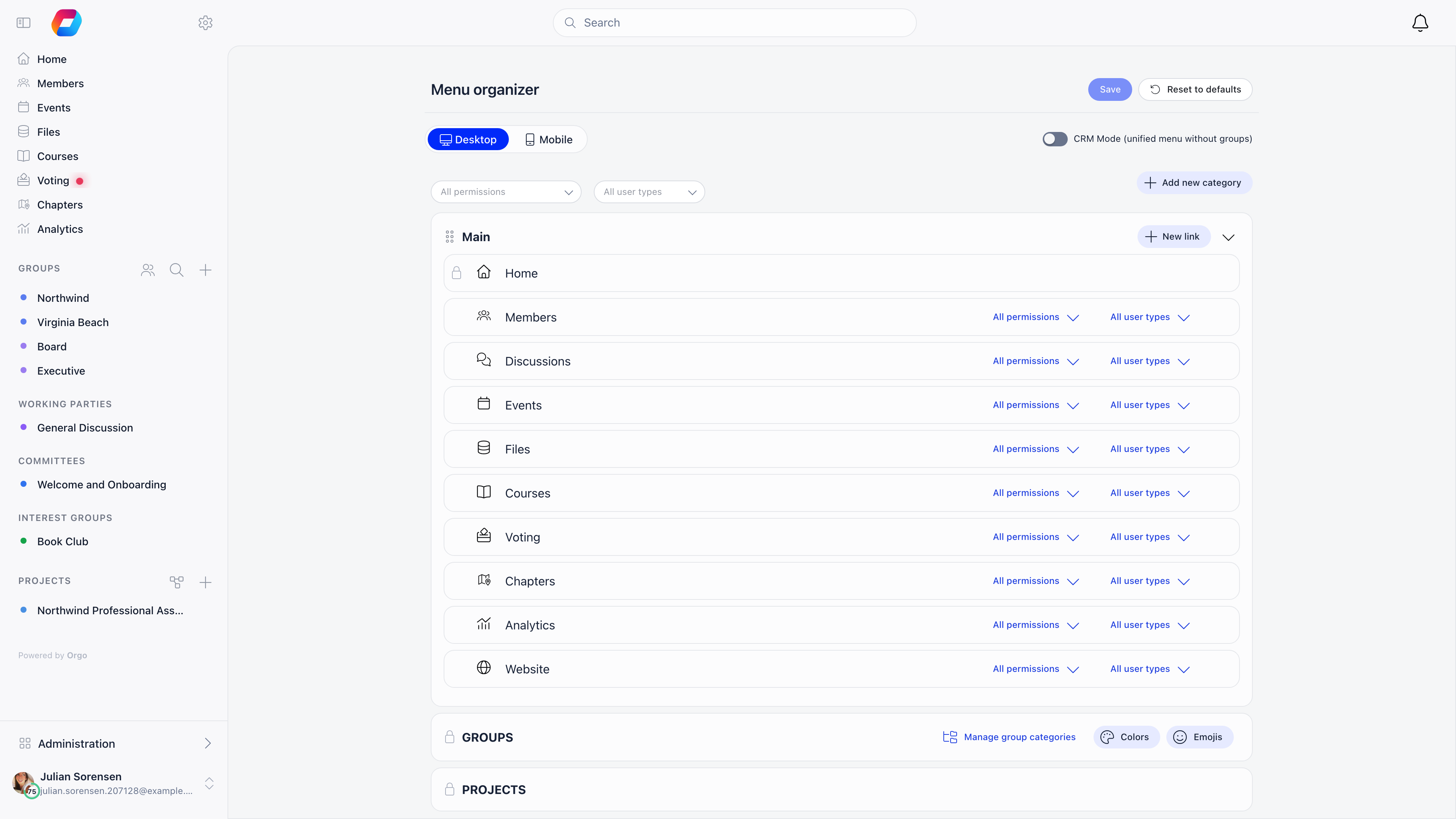 Menu organizer with draggable categories, per-item permission dropdowns and the desktop and mobile preview toggle