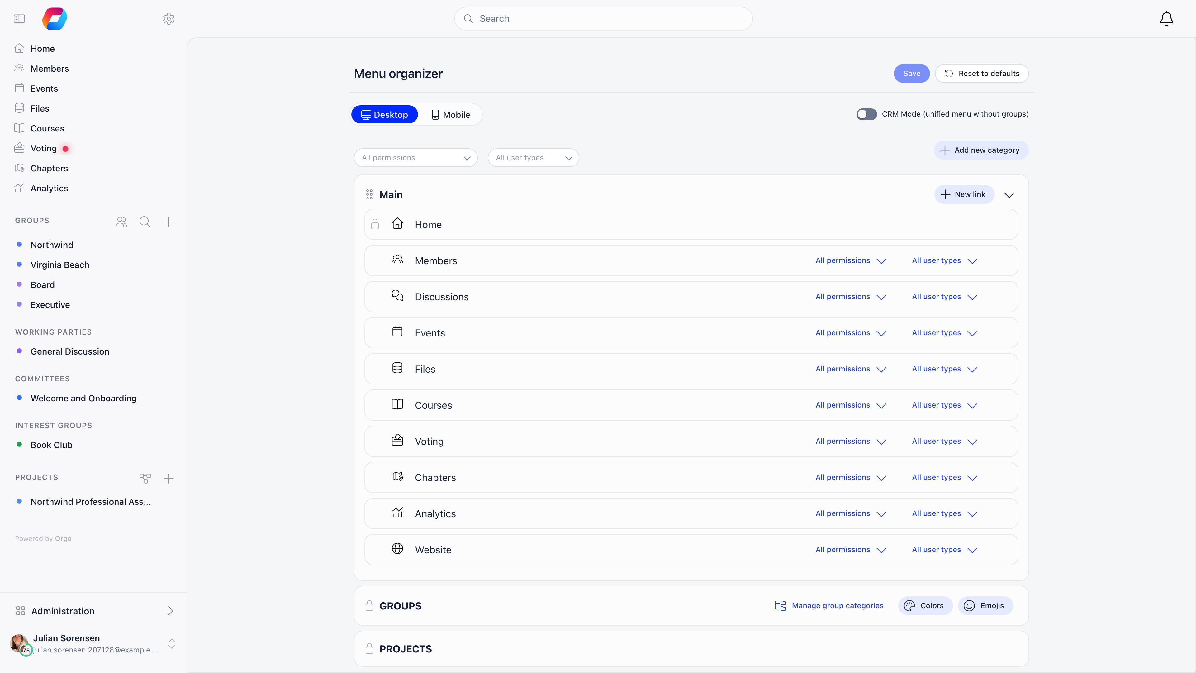 Menu organizer with draggable categories, per-item permission dropdowns and the desktop and mobile preview toggle
