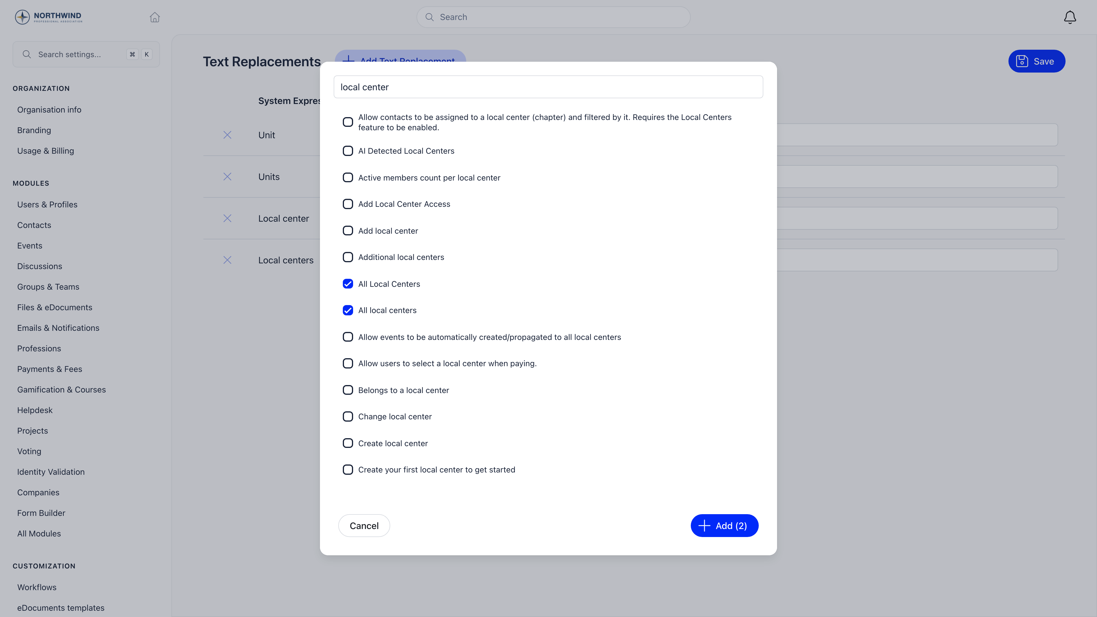 Add Text Replacement panel searching for local center, listing the matching interface phrases as checkboxes, with the capitalised and the lowercase form of the same phrase both ticked so the footer button reads Add (2)