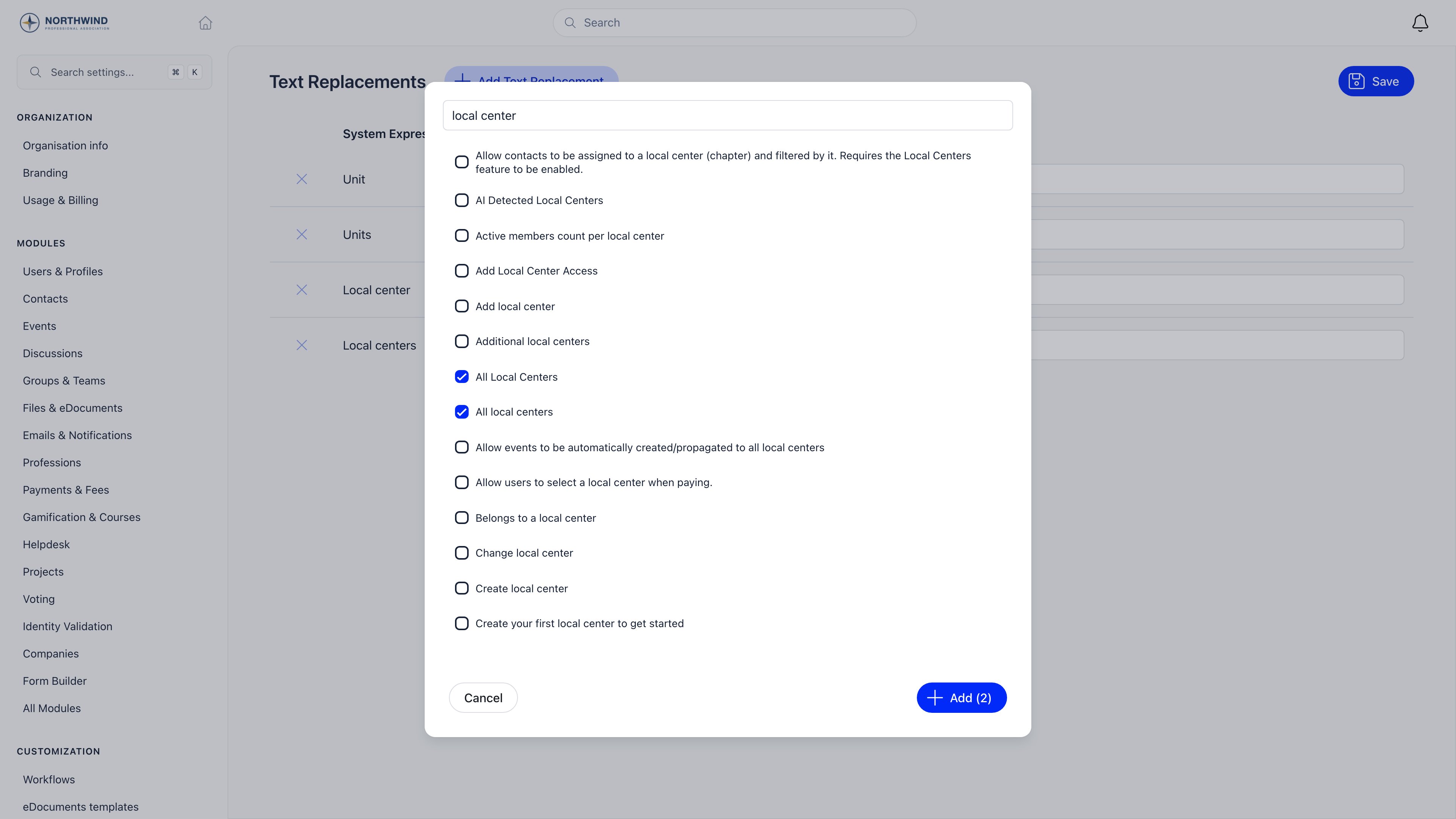 Add Text Replacement panel searching for local center, listing the matching interface phrases as checkboxes, with the capitalised and the lowercase form of the same phrase both ticked so the footer button reads Add (2)