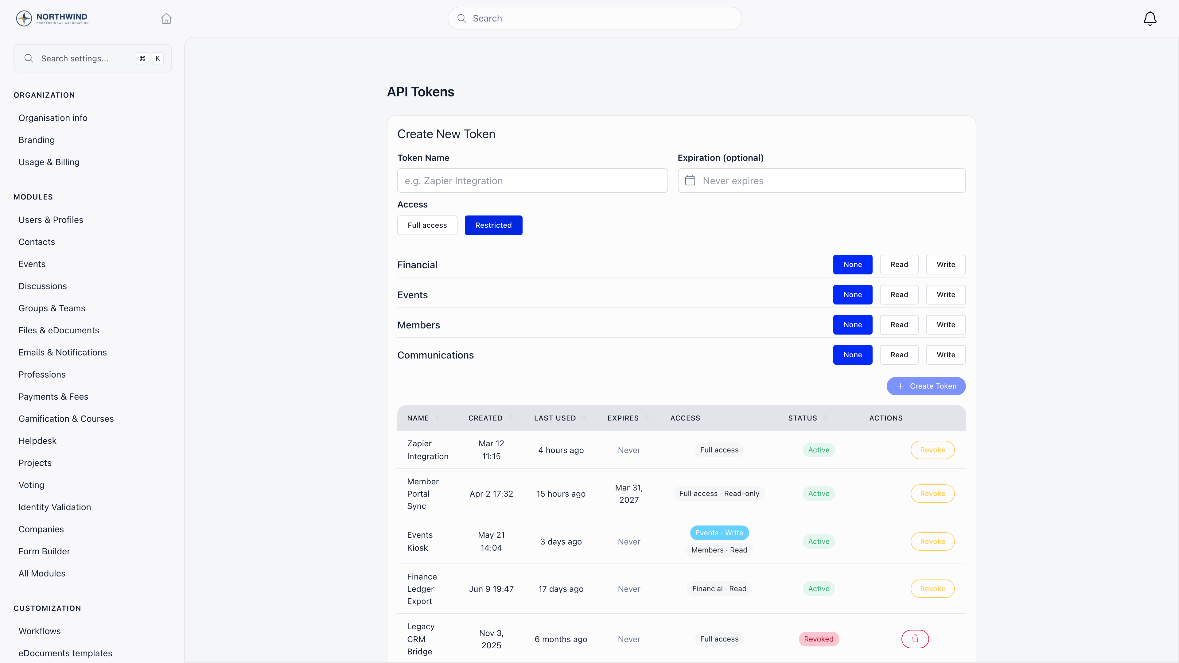 API Tokens page with the create form, the Full access and Restricted scope selector, and a table of existing tokens showing last used, expiry and status