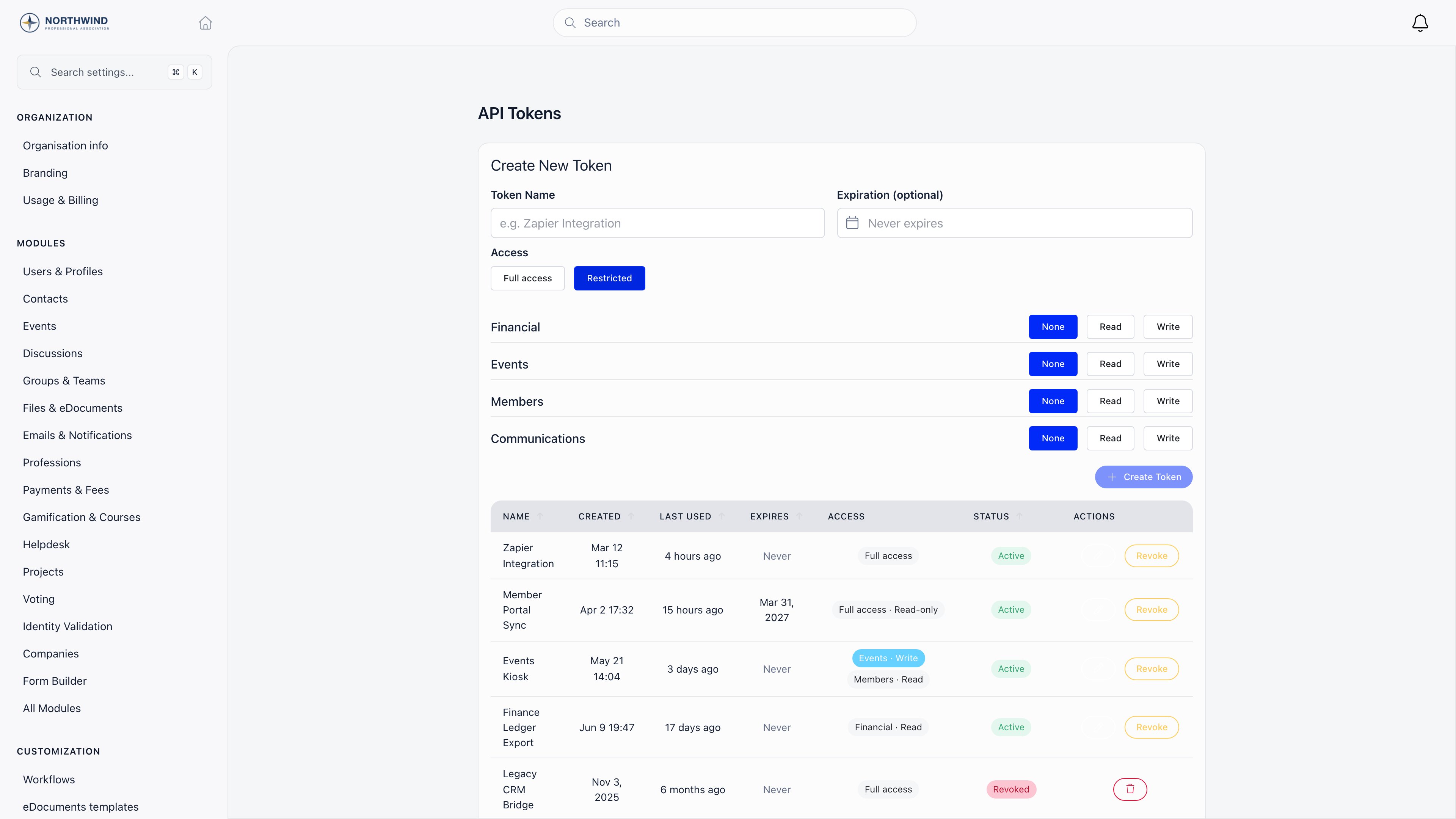 API Tokens page with the create form, the Full access and Restricted scope selector, and a table of existing tokens showing last used, expiry and status