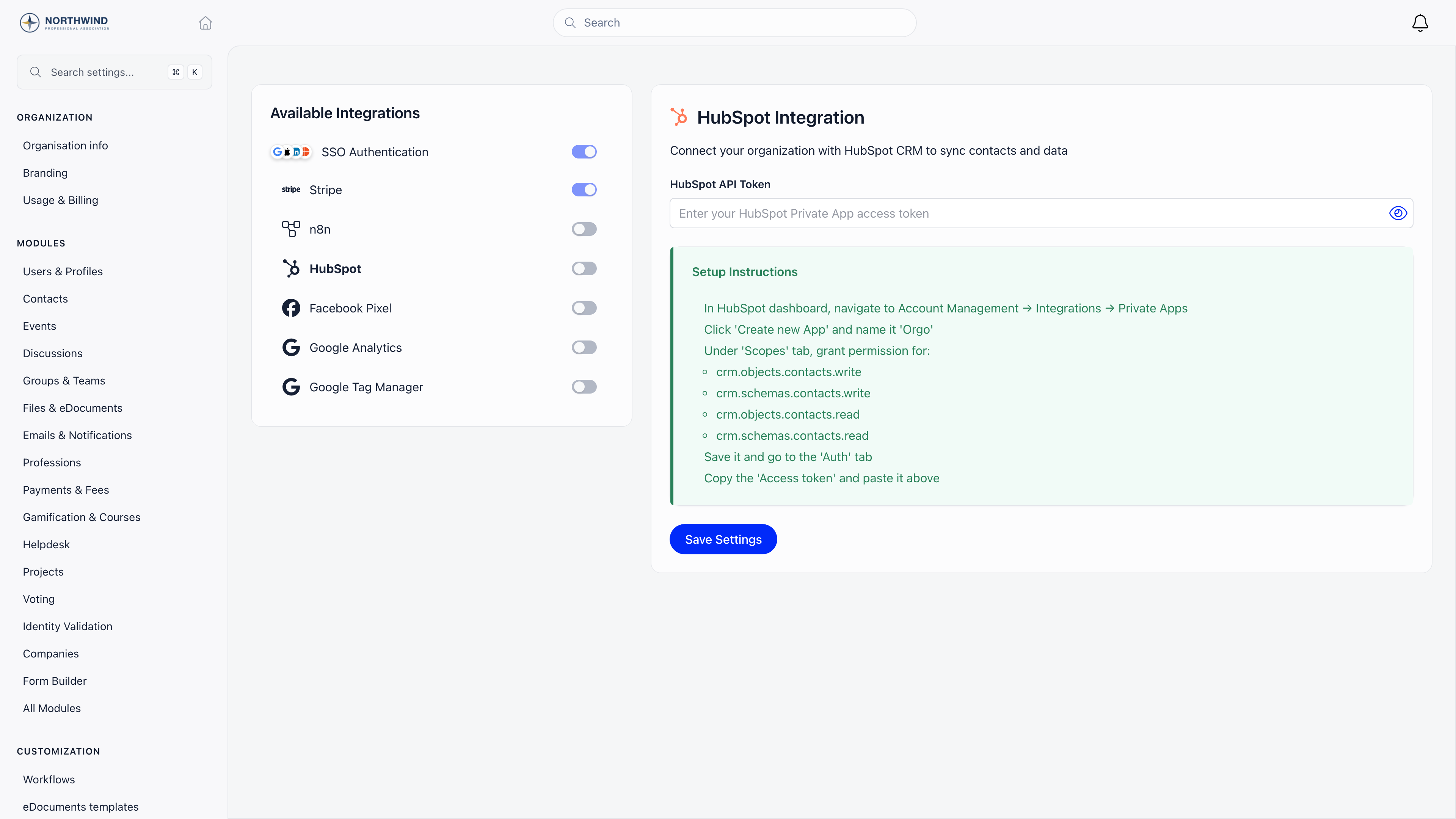 Third-party Integrations page with the available integrations list on the left and the HubSpot configuration panel on the right